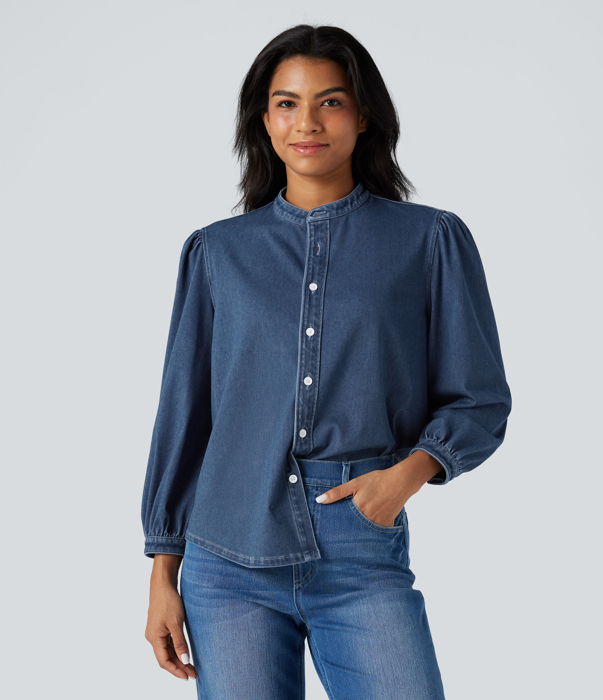 Chemise denim Halara Flex™ col montant manches 3/4 bouffantes