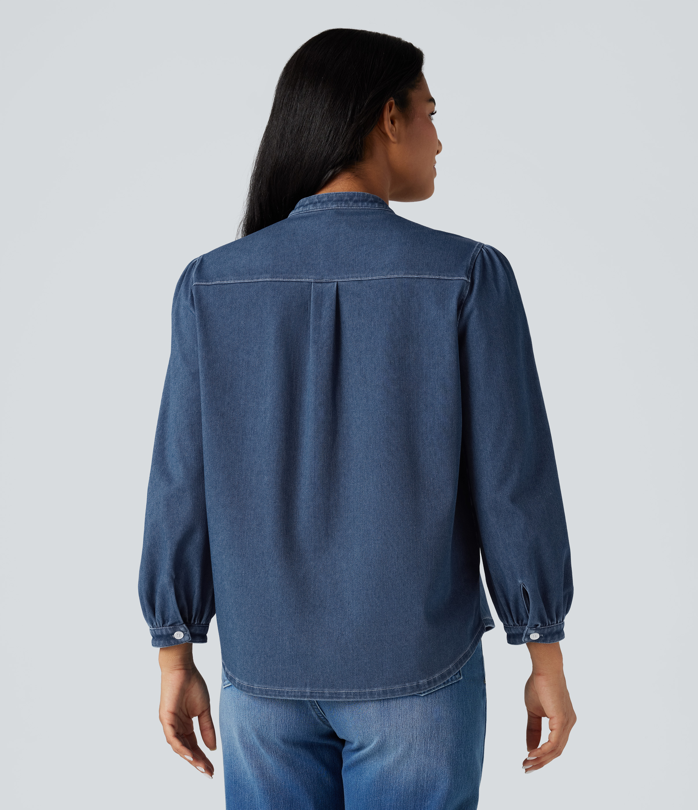 Estate Blue Denim Halara Flex™ Stand Collar Puff 3/4 Sleeve Denim Casual Shirt / 2