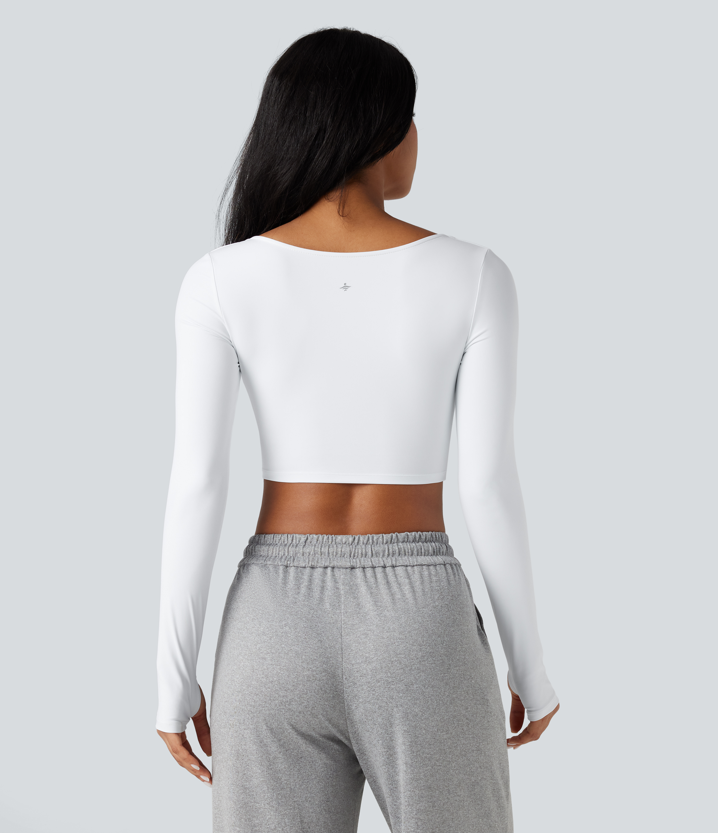 White SoftlyZero™ Airy V Neck Cut Out Long Sleeve Thumb Hole InstantCool Cropped Yoga Sports Top / 2