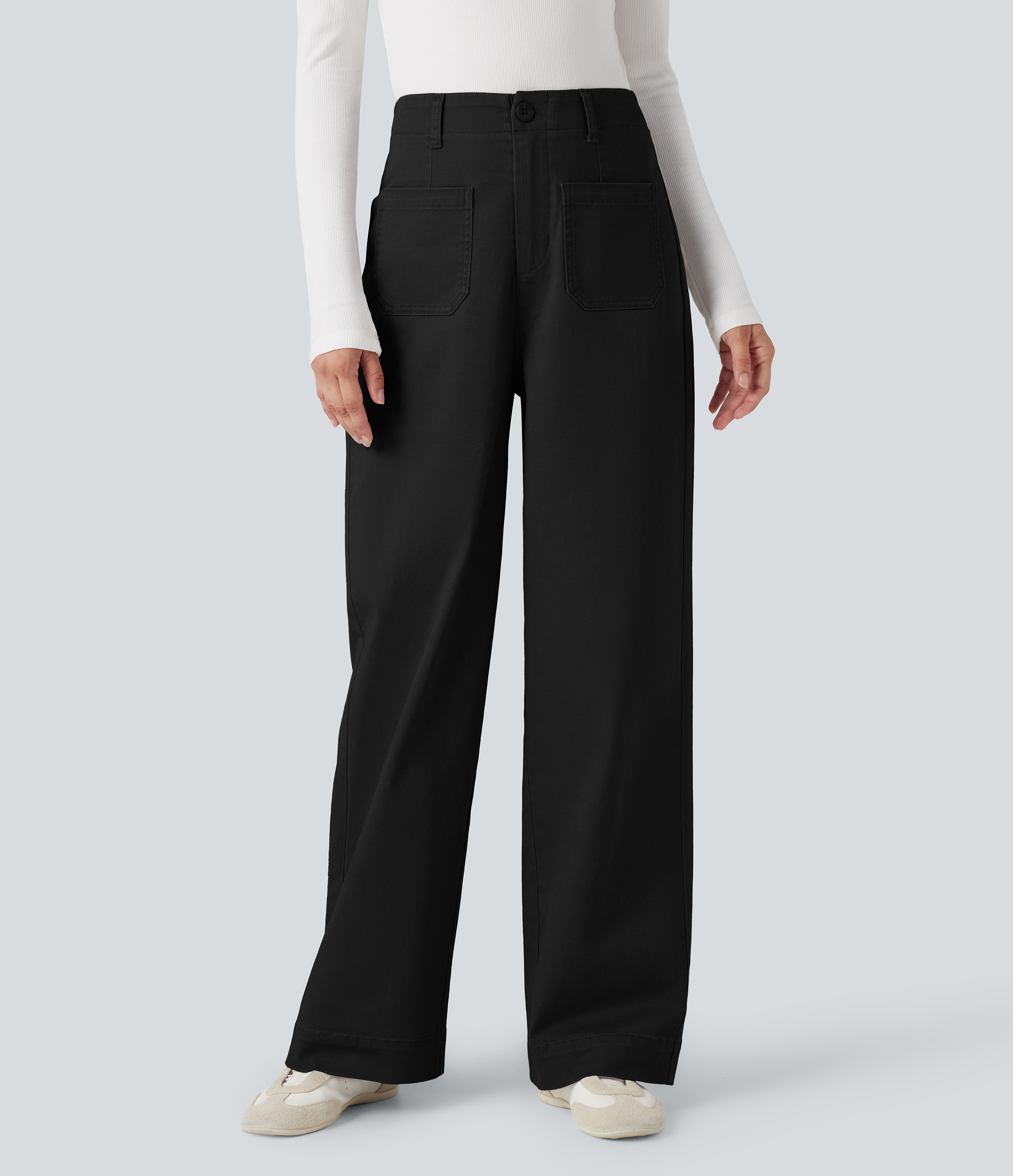 High Waisted Straight Leg Casual Chino Cotton Pants with Pockets