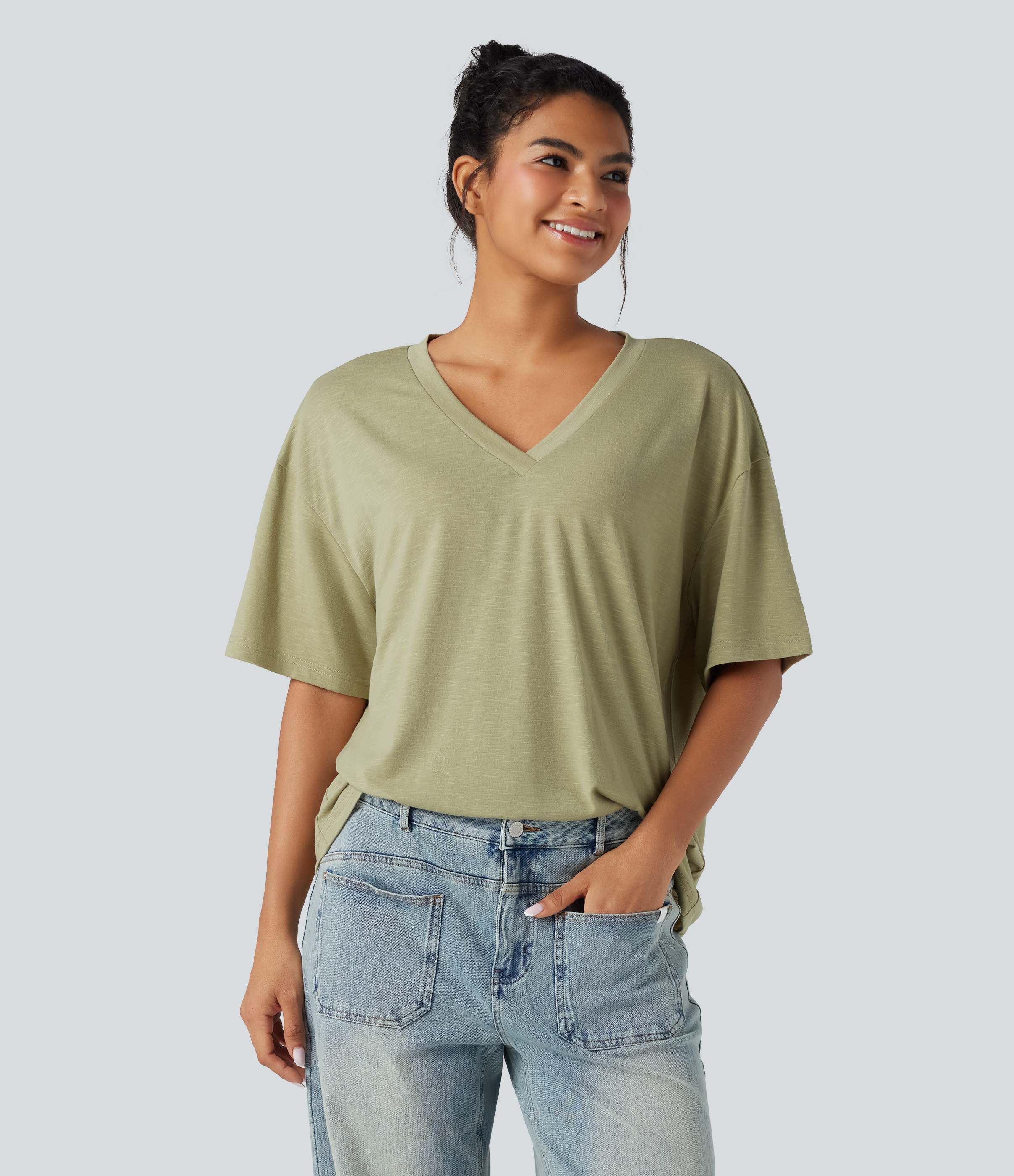 V-neck Short Sleeve Relaxed Women Oversized Casual Top