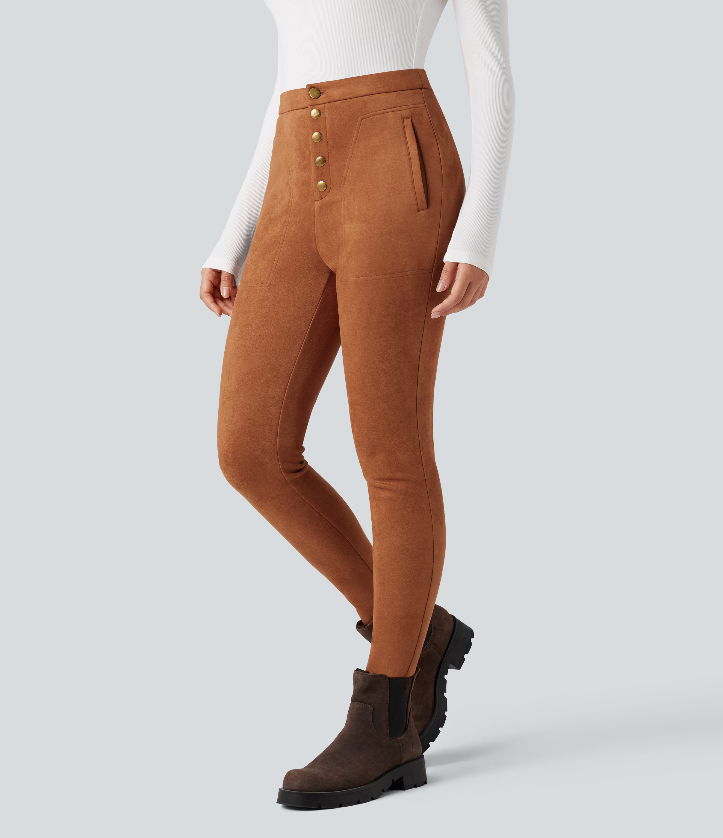 Lässige Leggings aus Kunstleder mit hohem Bund und Seitentaschen