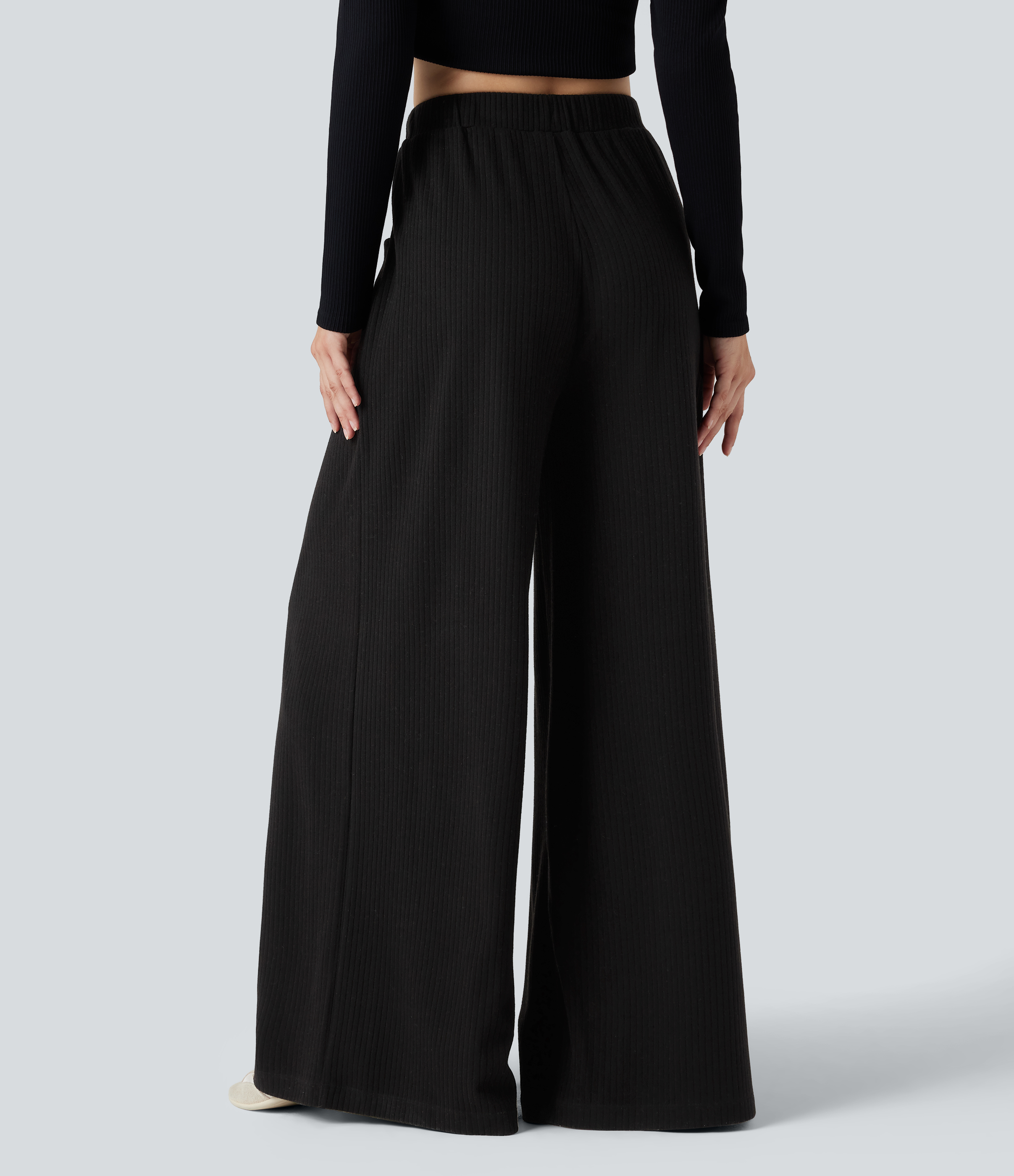 Black Ribbed Knit Adjustable Waist Drawstring Casual Baggy Pants with Pockets / 2