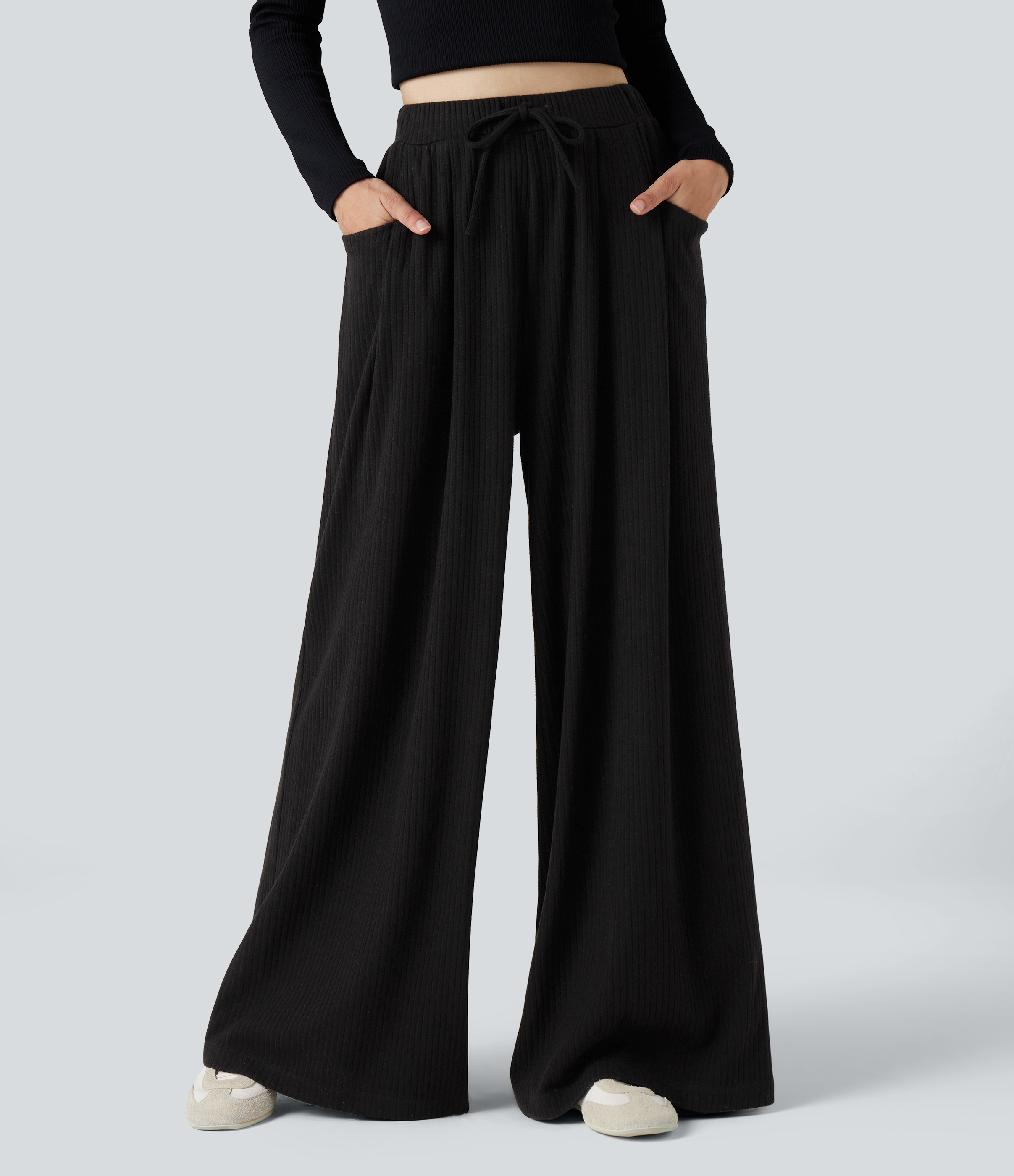 Ribbed Knit Adjustable Waist Drawstring Casual Baggy Pants with Pockets