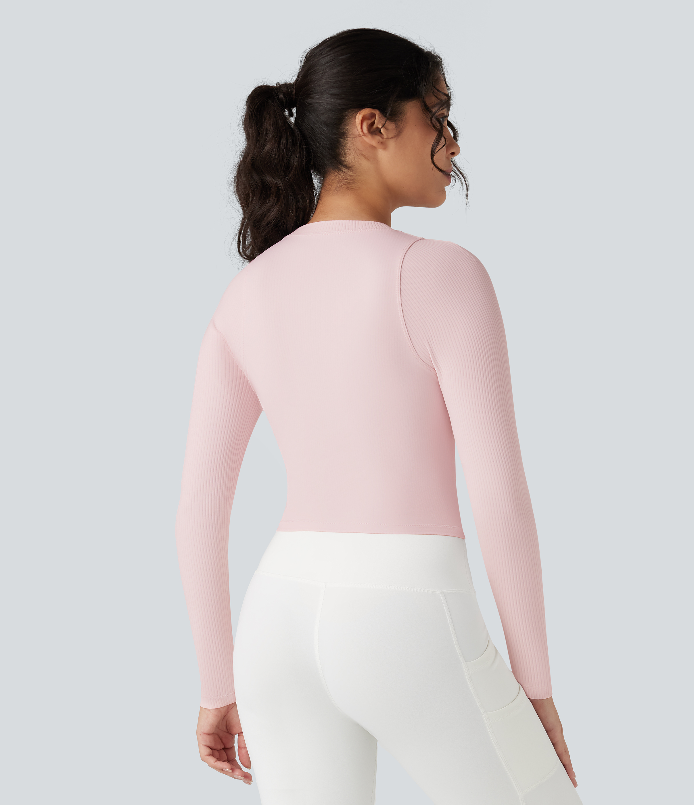 Pinkish Petals Geribbelde, gebreide yoga-sporttop met ronde hals, lange mouwen en slim fit / 2