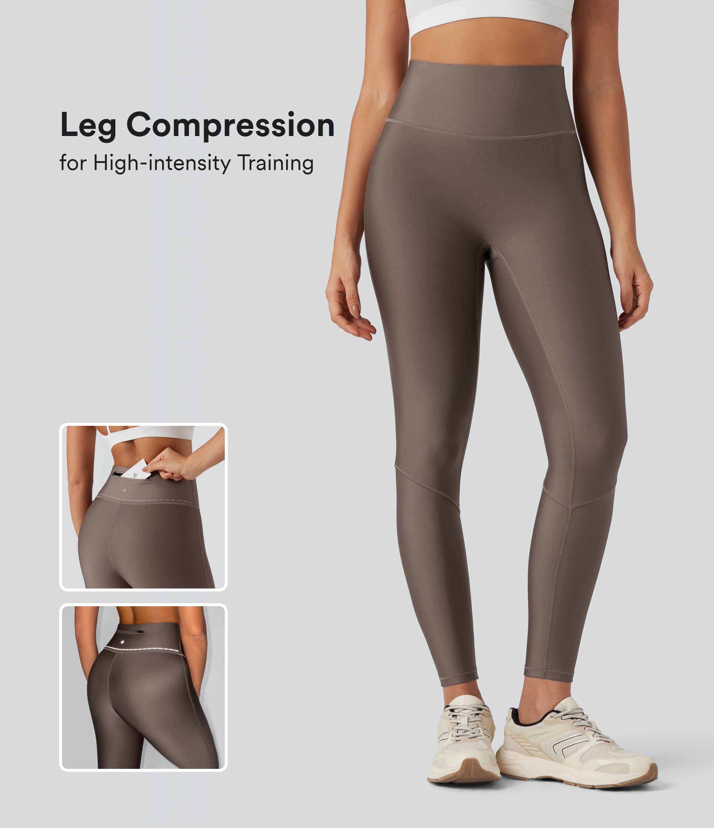 Glänzende Laufleggings mit hohem Bund, Bundtasche und reflektierenden Streifen