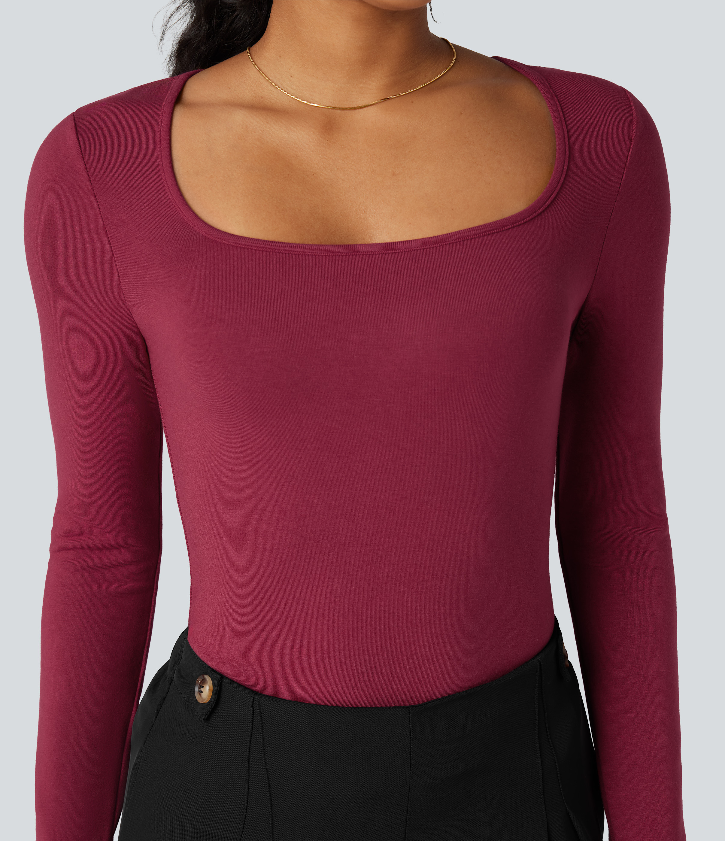 Beet Red Square Neck Long Sleeve Slim Fit Work T-Shirt / 1