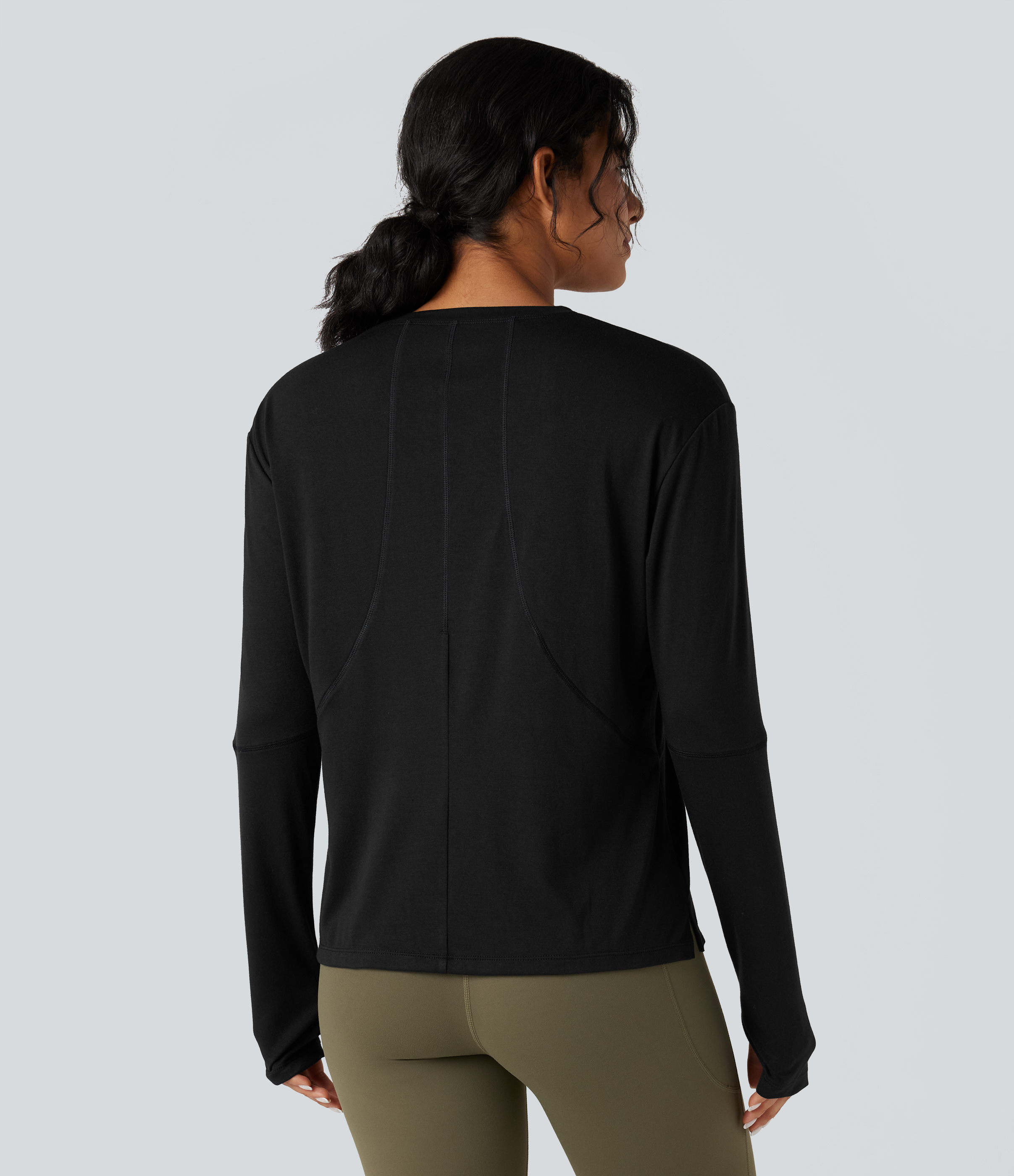 Black Round Neck Long Sleeve Thumb Holes Running Heathered Sports Top / 2