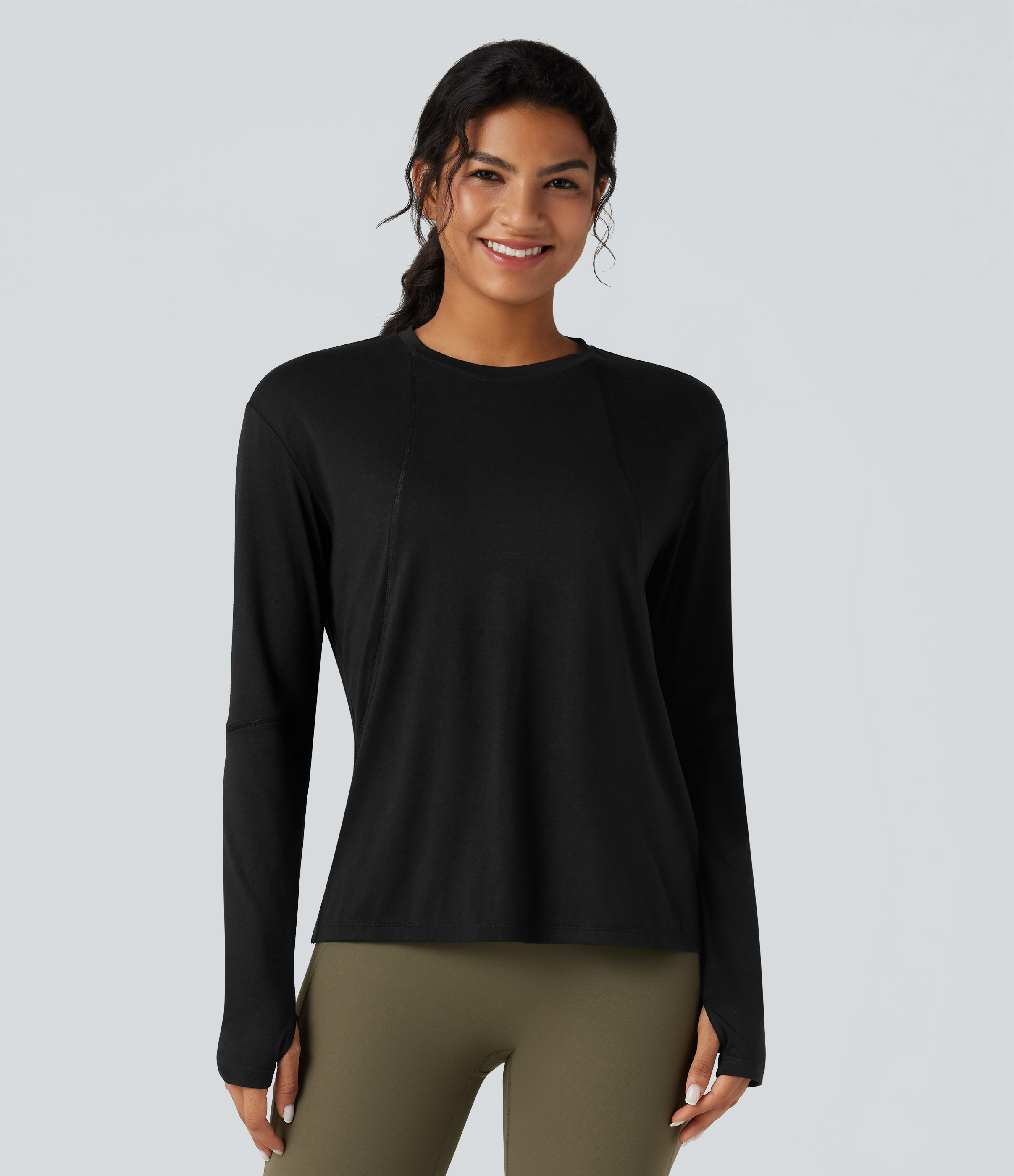 Black Round Neck Long Sleeve Thumb Holes Running Heathered Sports Top / 1