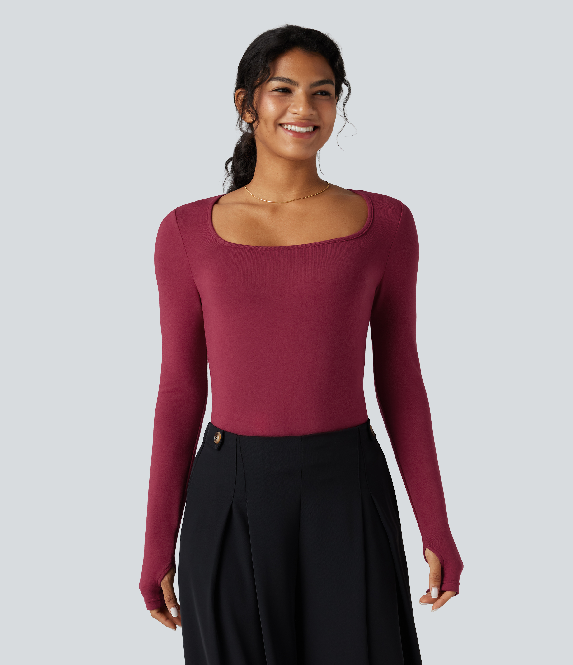 Beet Red Square Neck Long Sleeve Slim Fit Work T-Shirt / 2