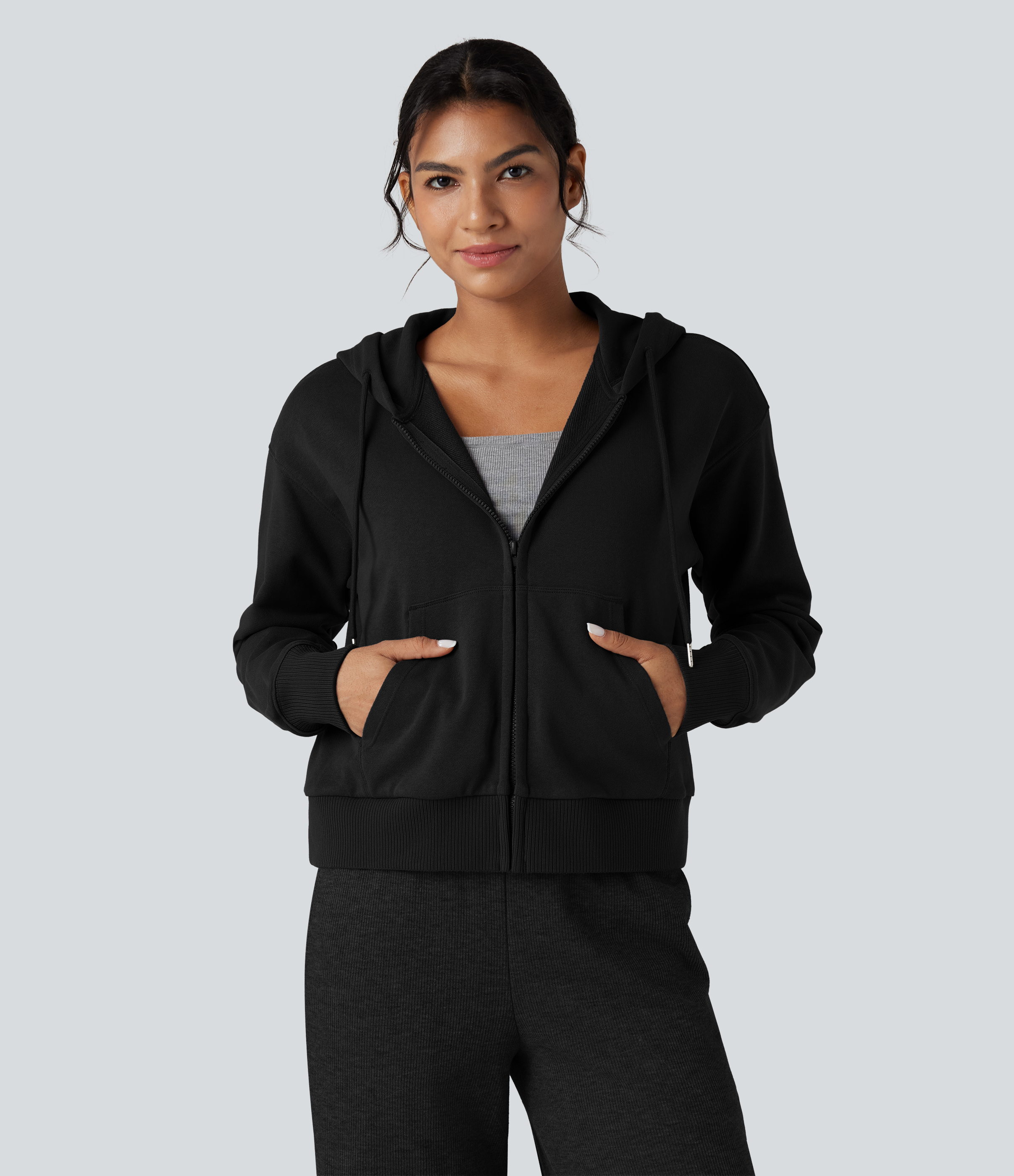Hooded Zip Fly Relaxed Casual Cotton Sweatshirt with Pockets