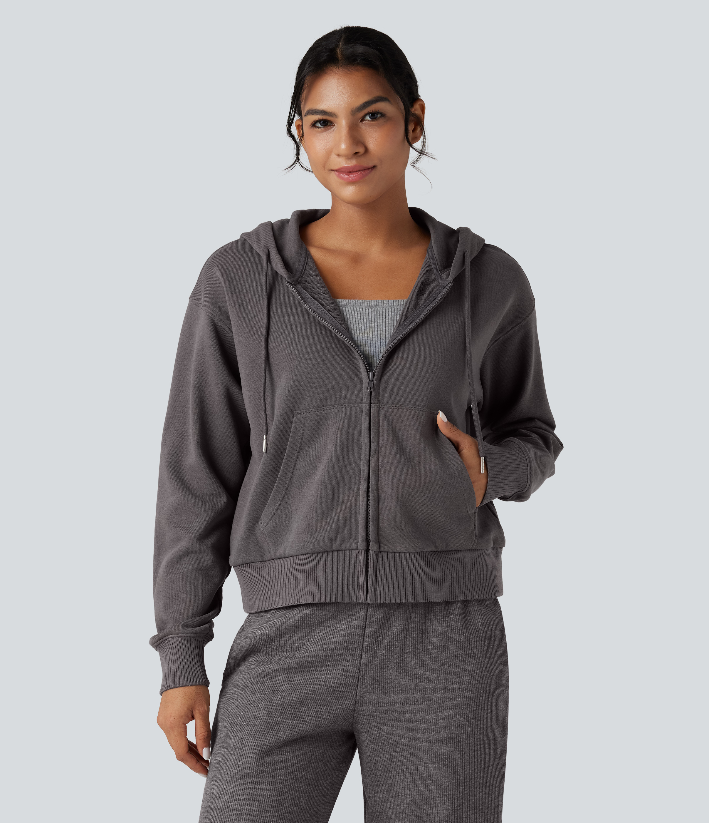 Hooded Zip Fly Relaxed Casual Cotton Sweatshirt with Pockets
