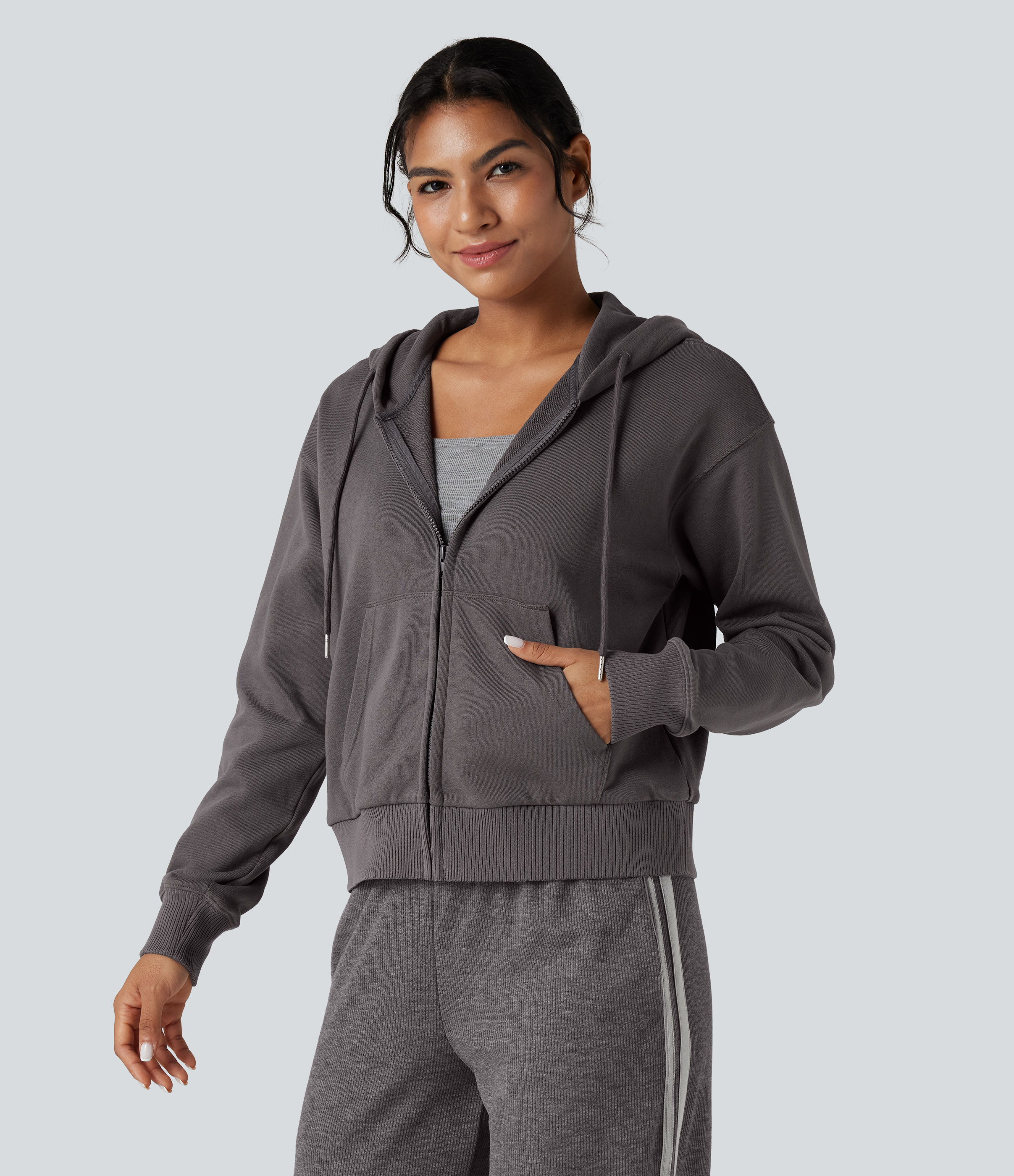 Hooded Zip Fly Relaxed Casual Cotton Sweatshirt with Pockets