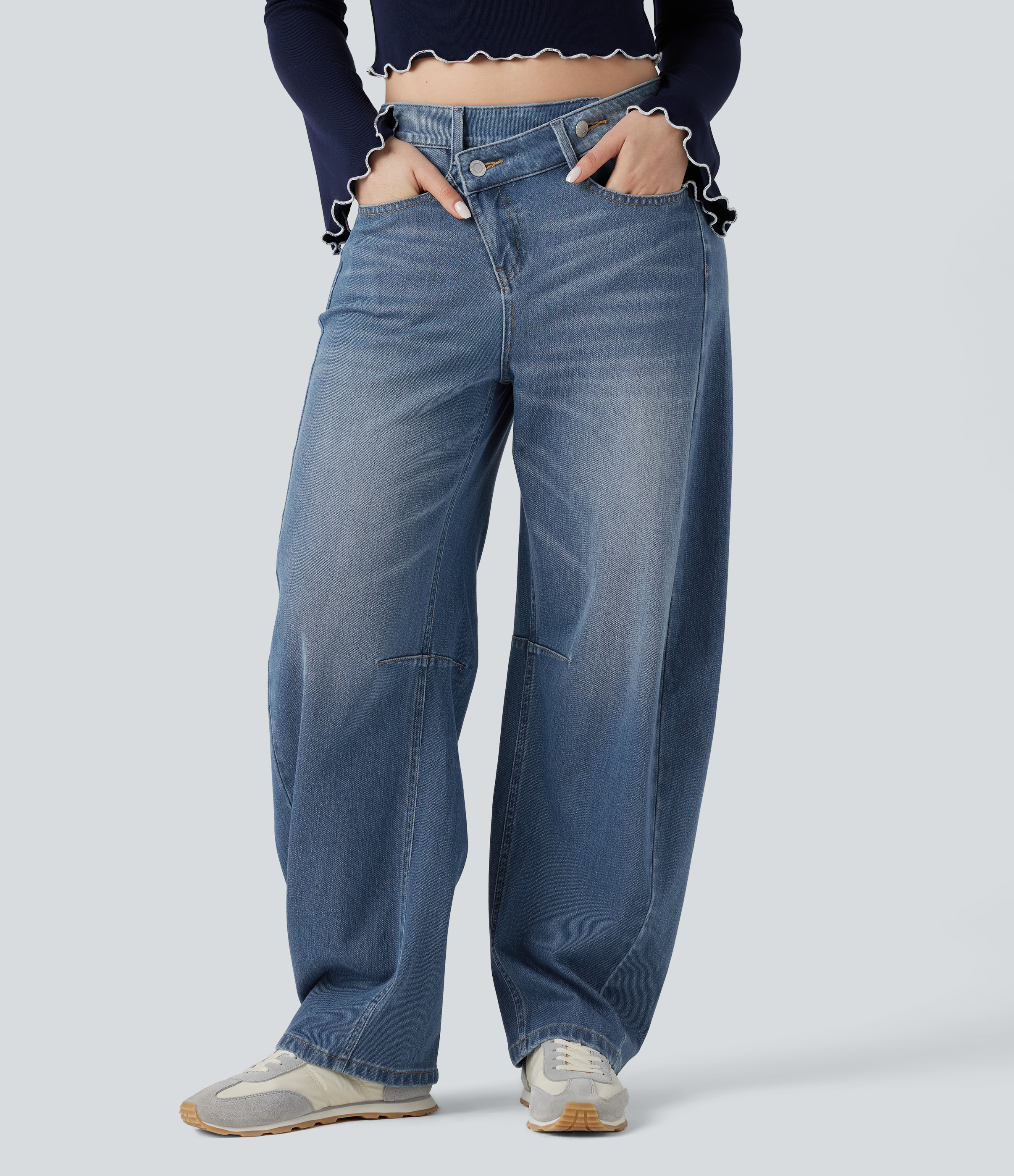 Jean Barrel Halara Flex™ asymétrique délavé taille mi-haute avec poches