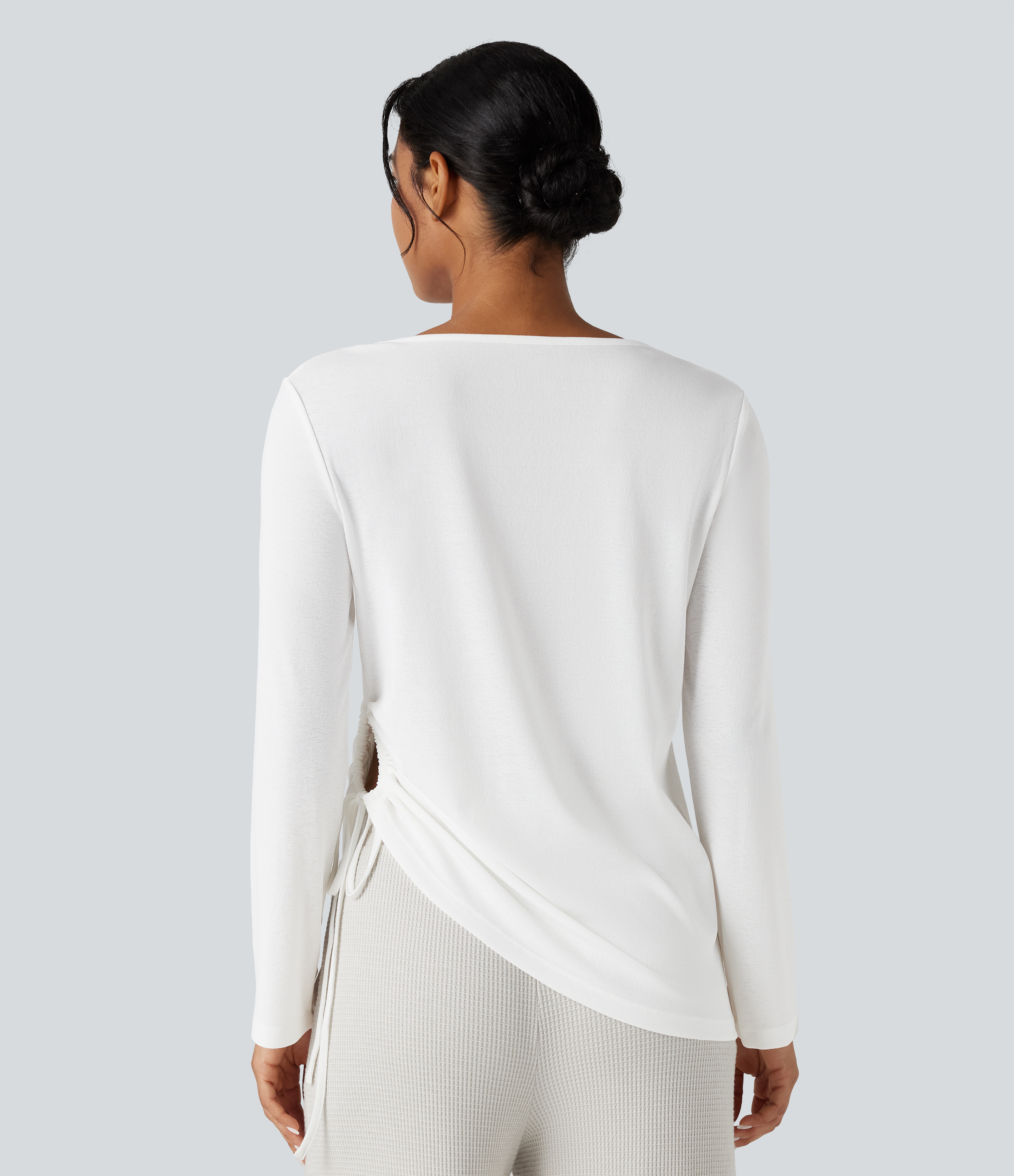 White Deep V-neck Long Sleeve Drawstring Hem Casual Top / 2