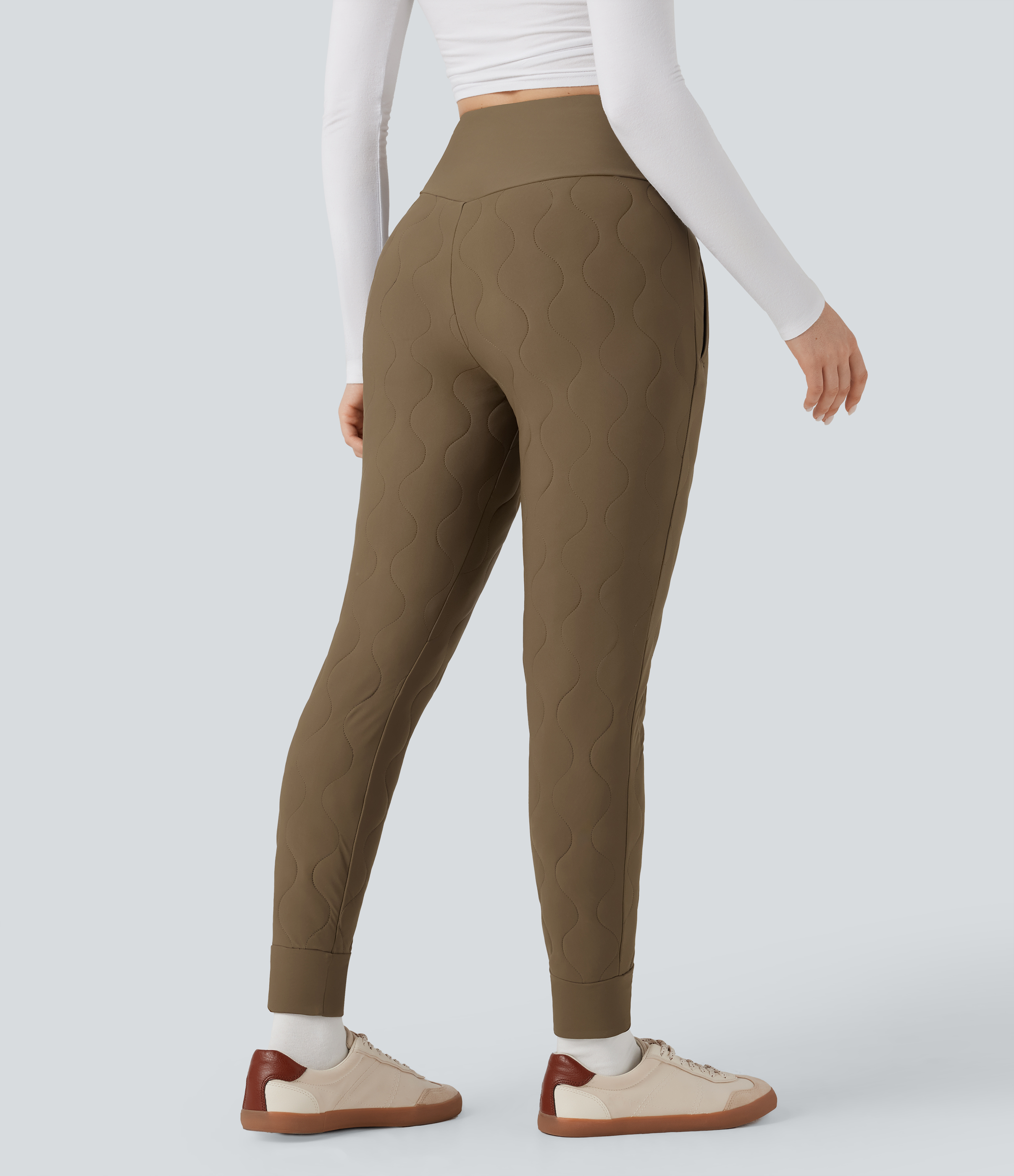 Chestnut Brown PuffFlex Crossover High Waisted Casual Quilted Joggers with Pockets / 2