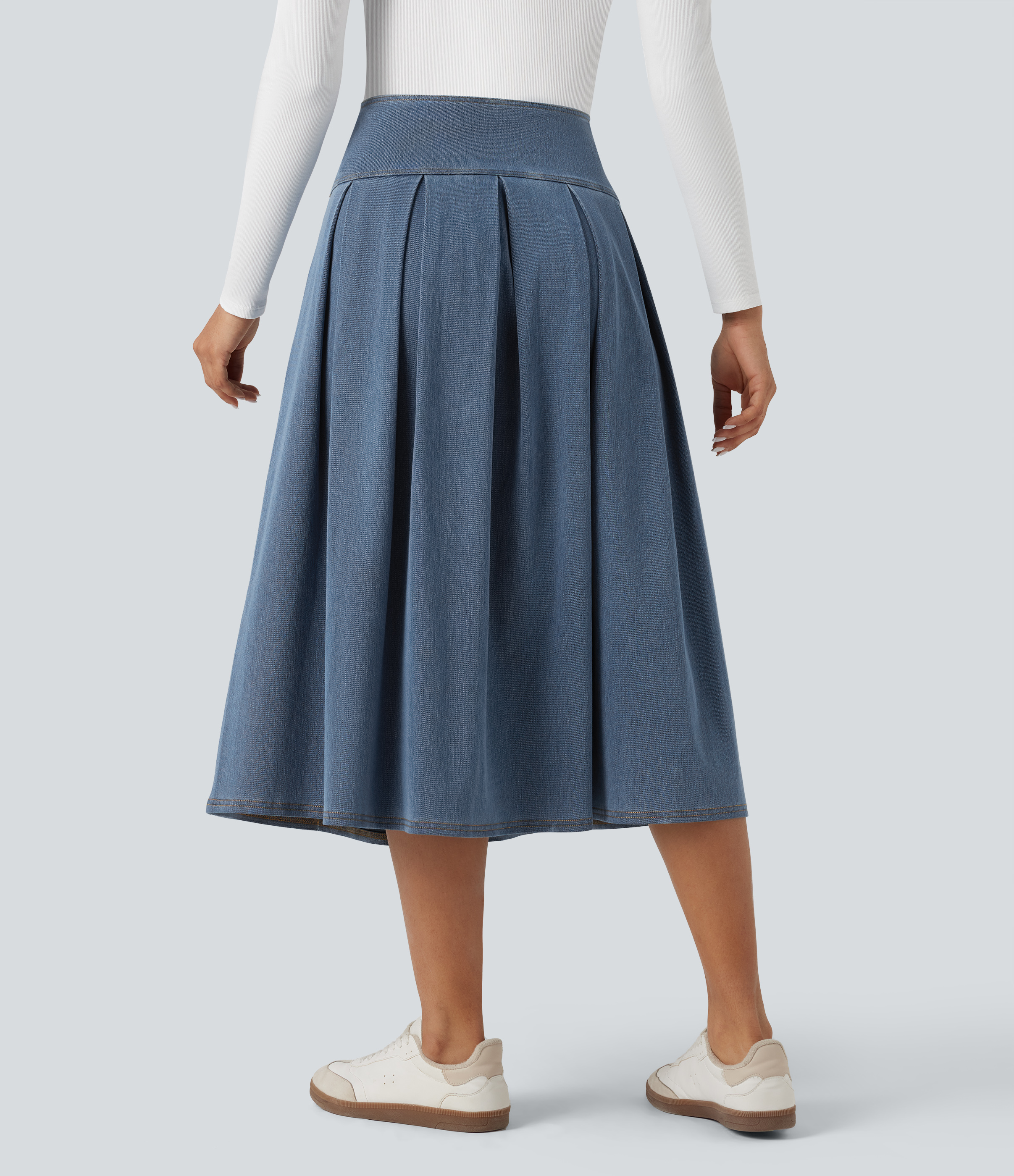 Tide Blue Denim Jupe mi-longue décontractée plissée gainante taille haute effet denim avec poches Halara Flex™ / 2