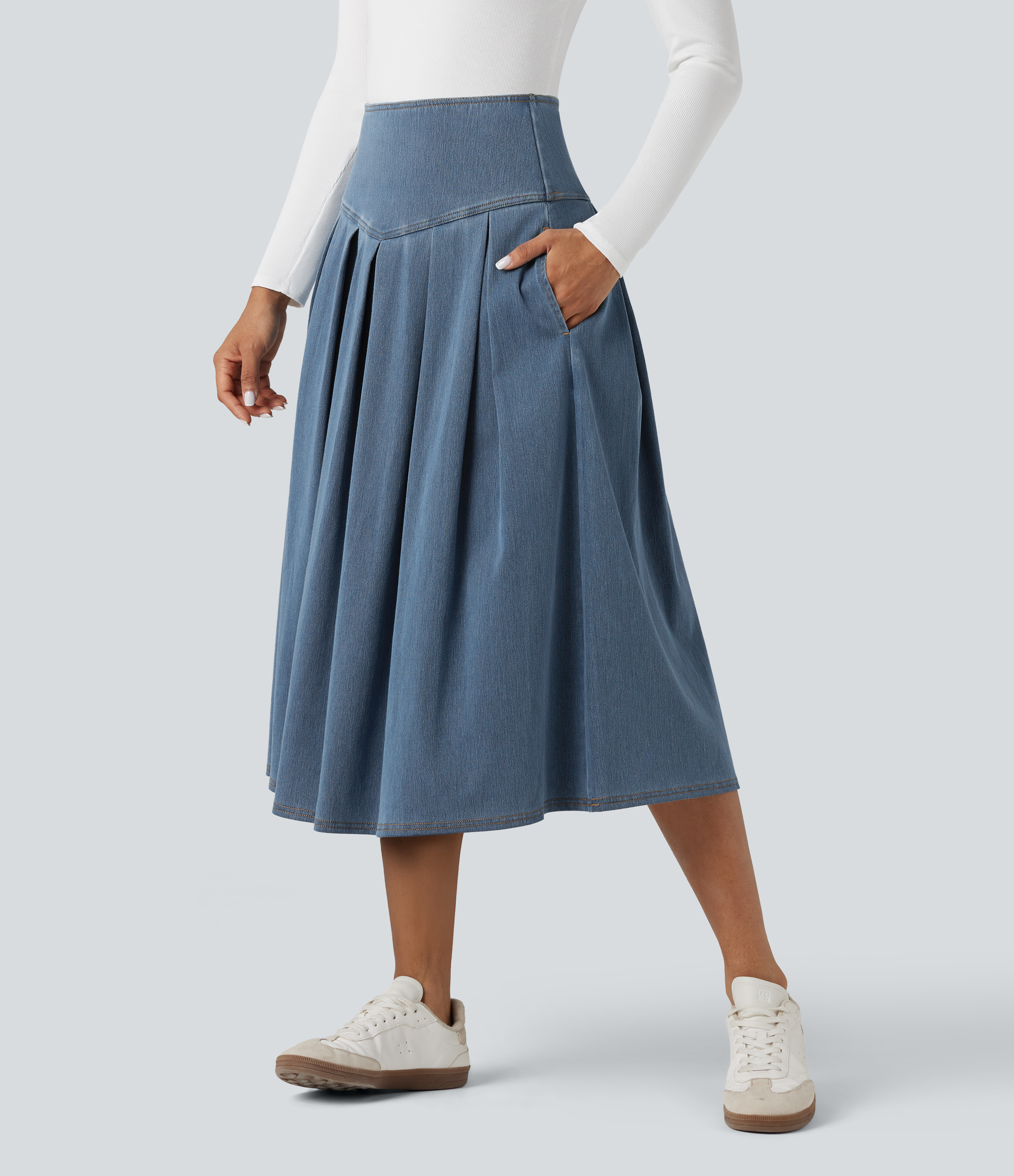 Jupe mi-longue décontractée plissée gainante taille haute effet denim avec poches Halara Flex™