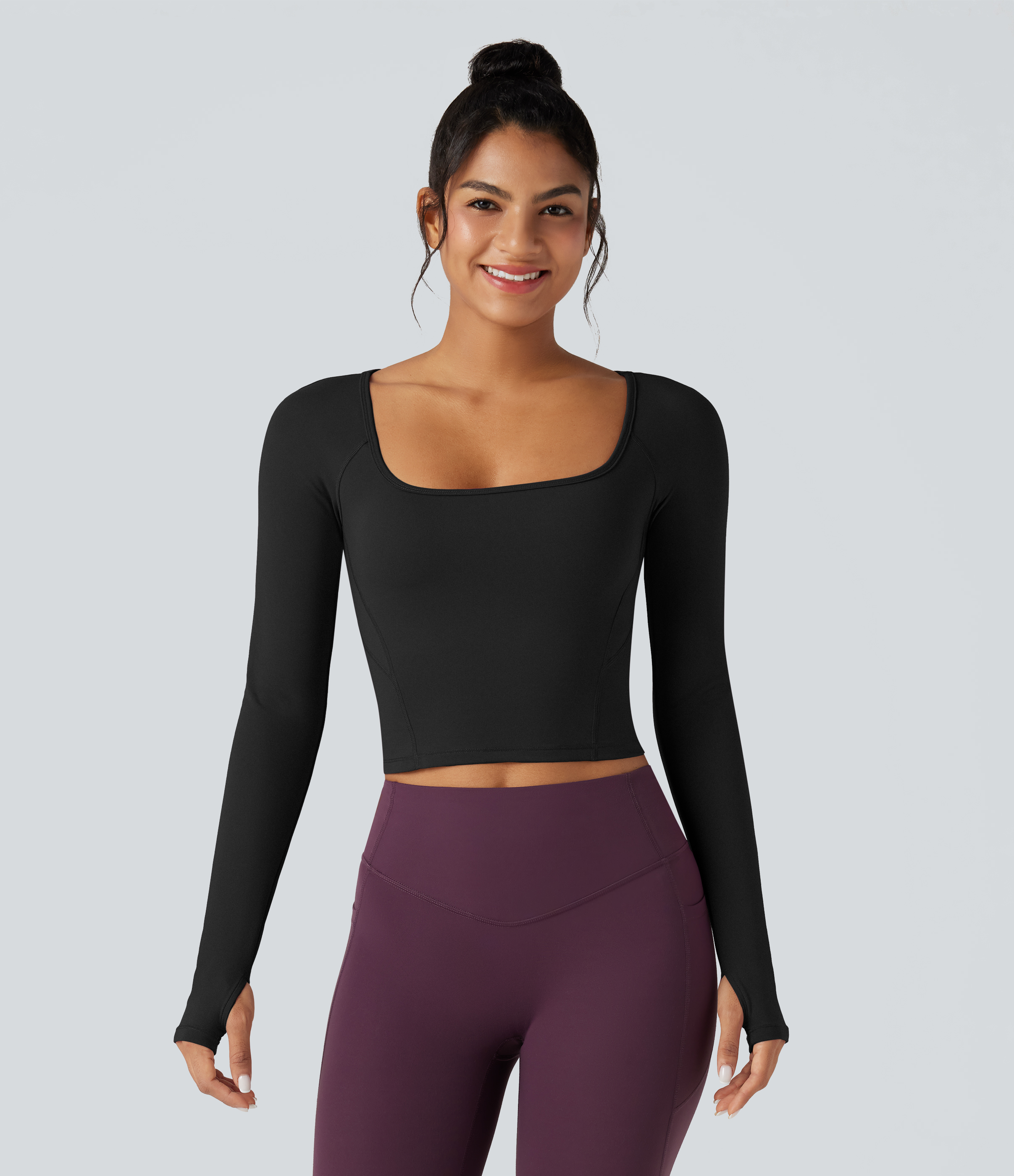 Black SoftlyZero™ Plush Square Neck Reglan Long Sleeve Thumb Holes Yoga Sports Top / 1