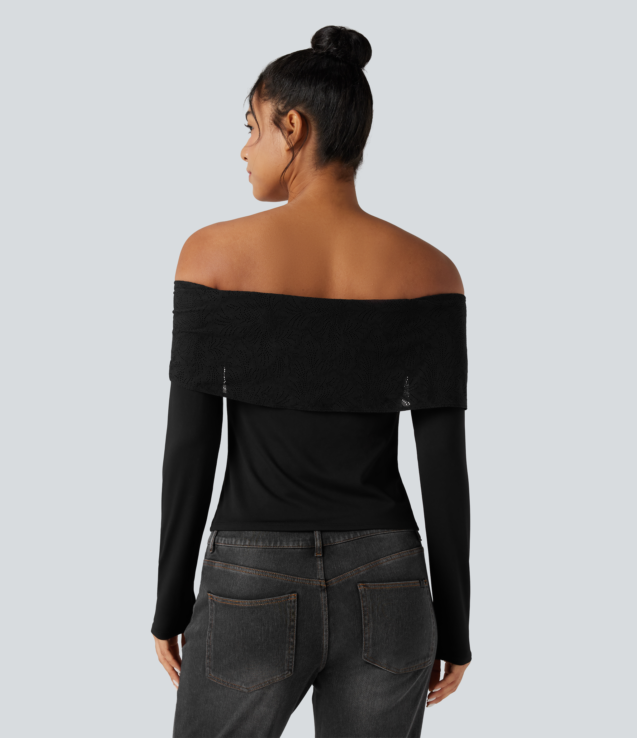 Women's Off-shoulder Lace Long Sleeve Built-in Bra Casual Top - Halara
