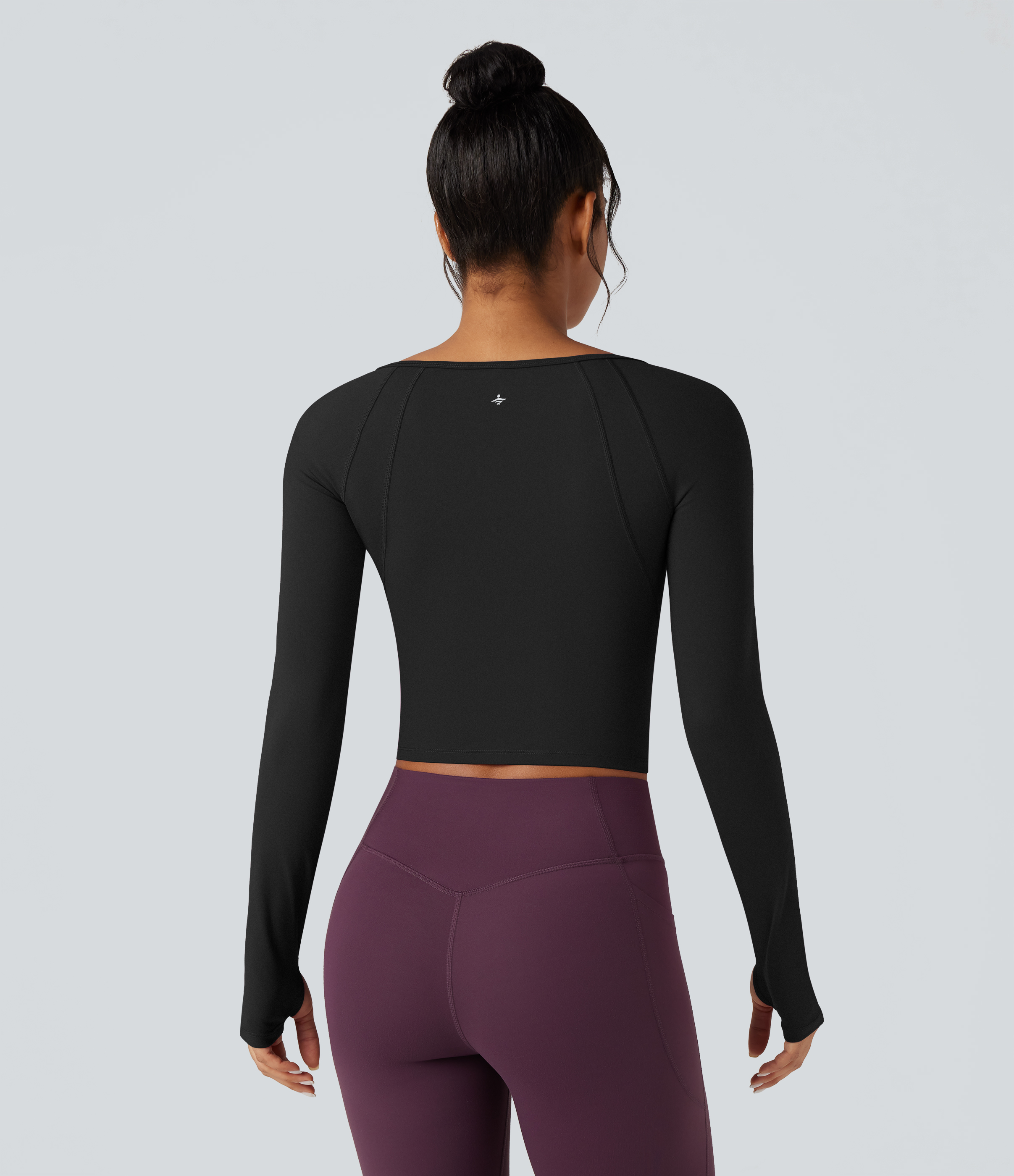 Black SoftlyZero™ Plush Square Neck Reglan Long Sleeve Thumb Holes Yoga Sports Top / 2