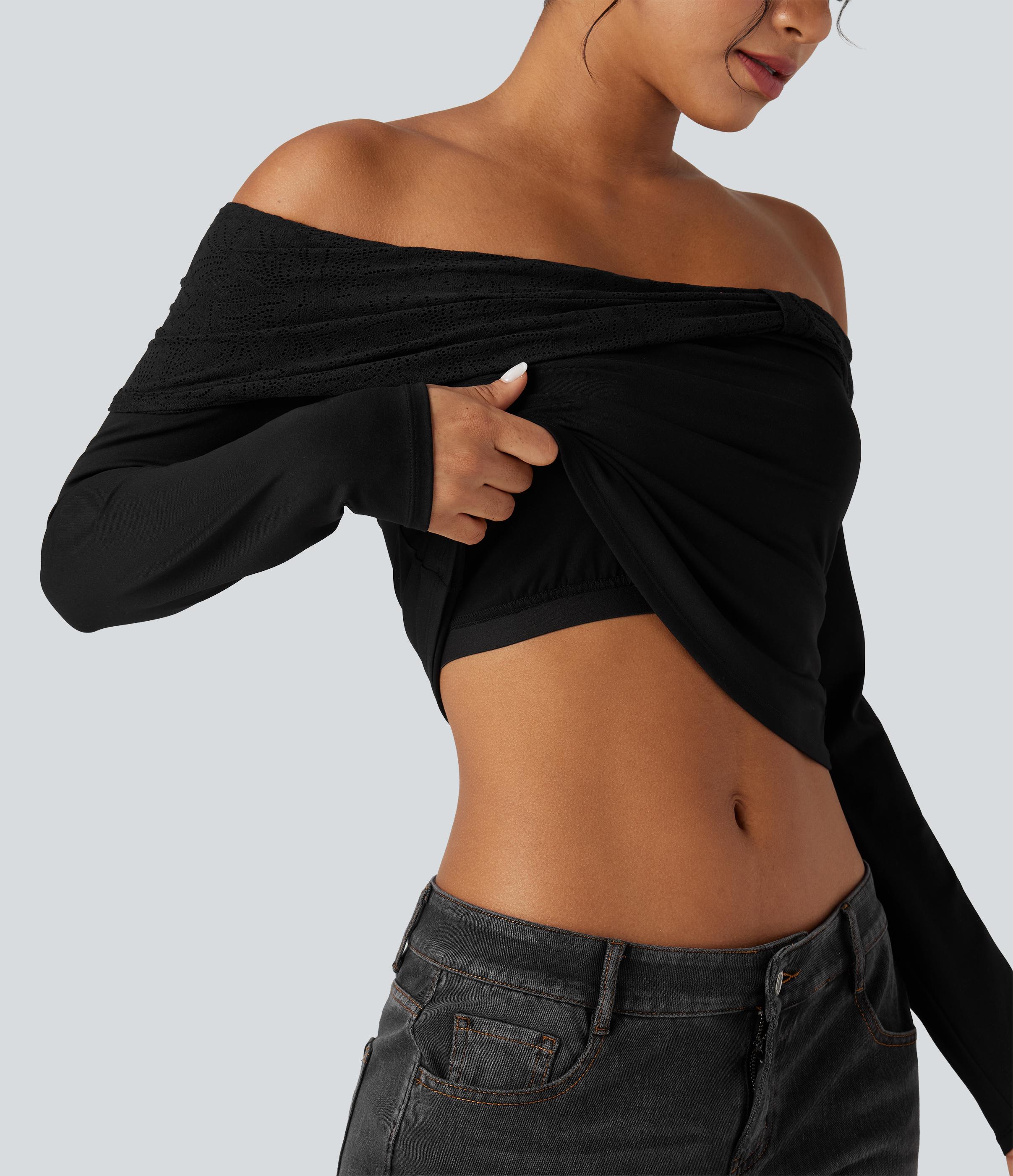 Off-shoulder Lace Long Sleeve Built-in Bra Casual Top