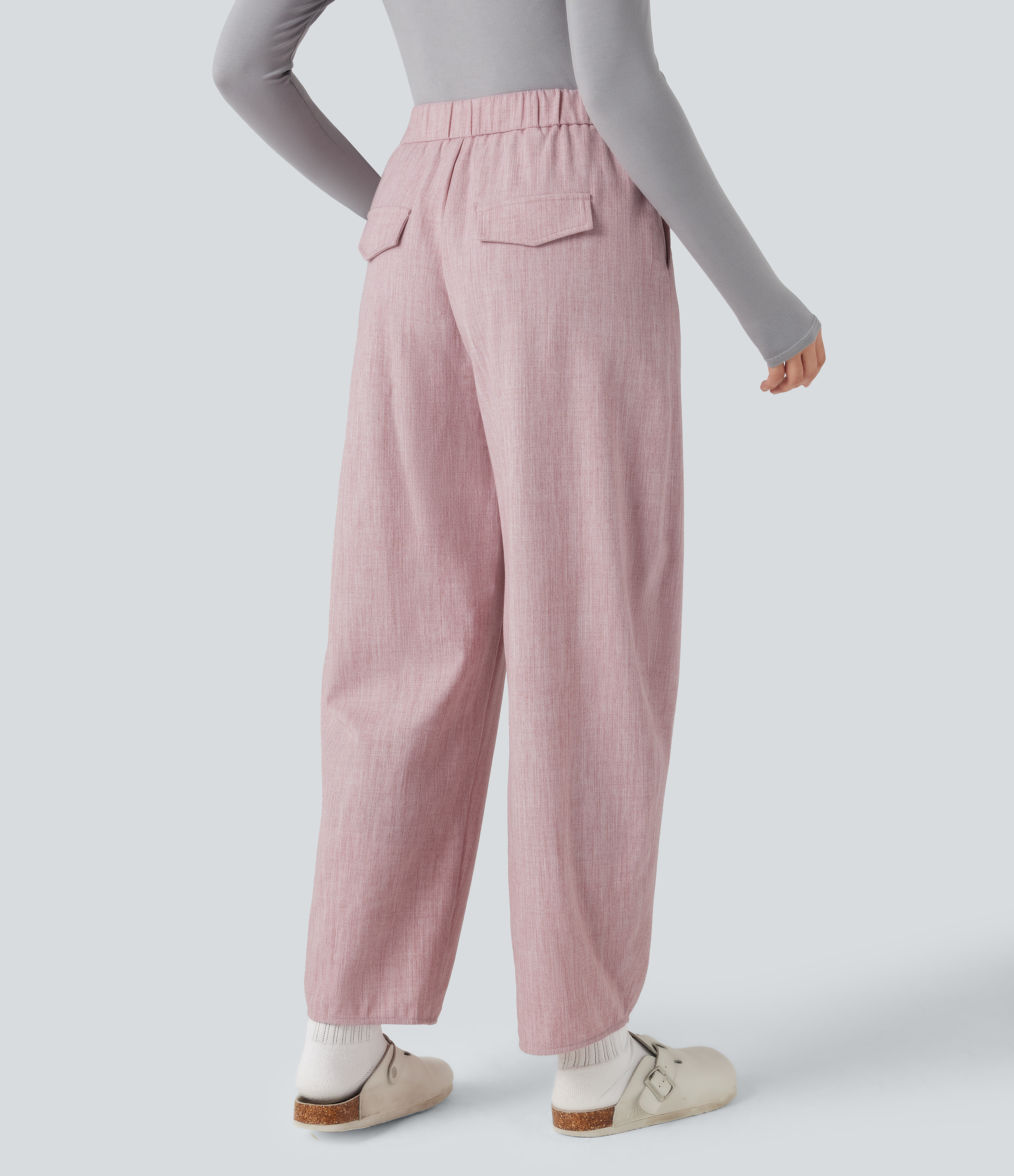 Lilac Pink High Waisted Barrel Leg Casual Trousers with Pockets / 2