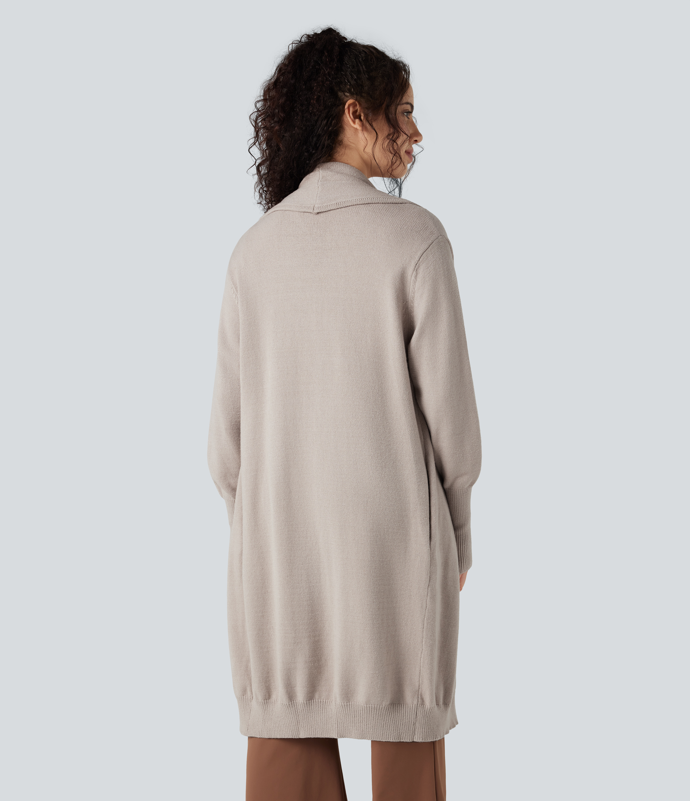 Vintage Khaki Cardigan long col tailleur manches longues avec poches / 2