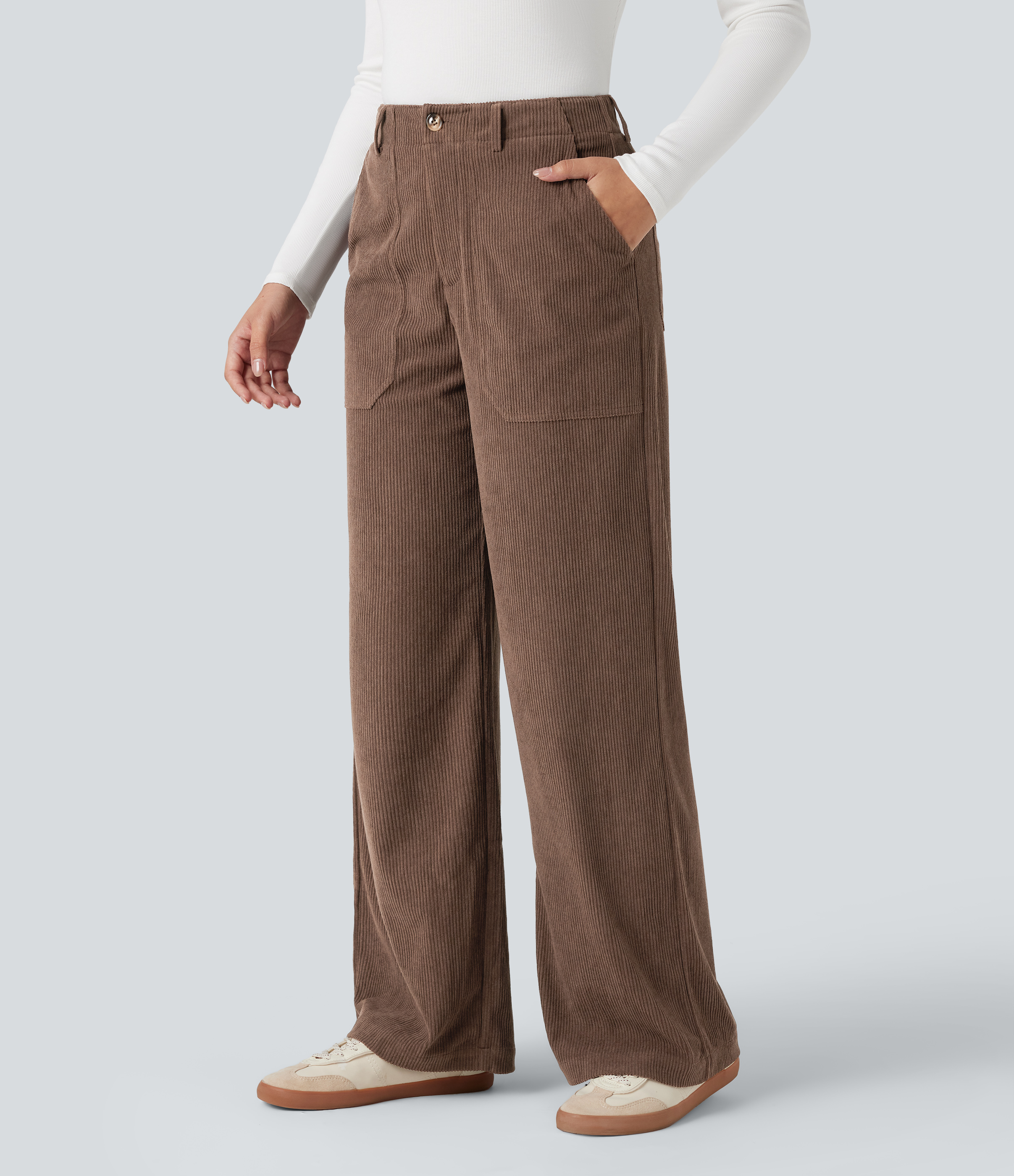 High Waisted Corduroy Casual Wide Leg Trousers with Pockets