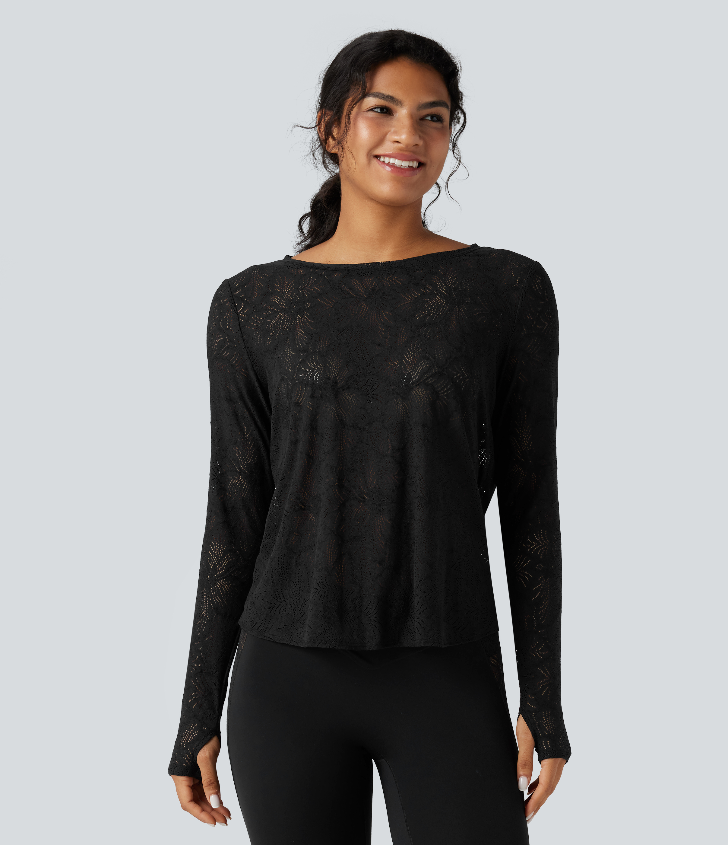 Black Round Neck Long Sleeve Thumb Holes Tie Back Yoga Lace Sports Top / 2