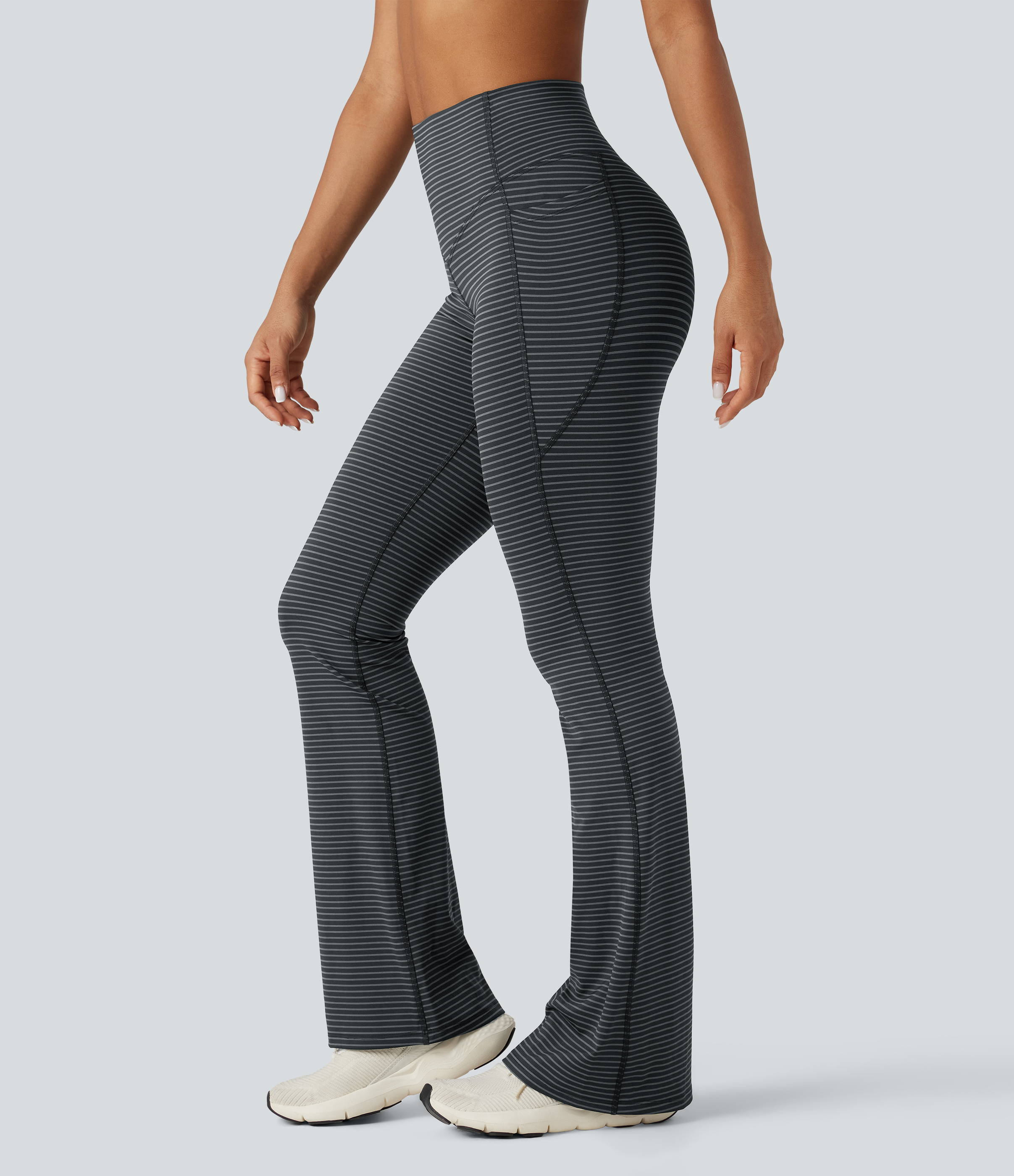 High-waisted Tummy Control Striped Yoga Bootcut Legging with Pockets