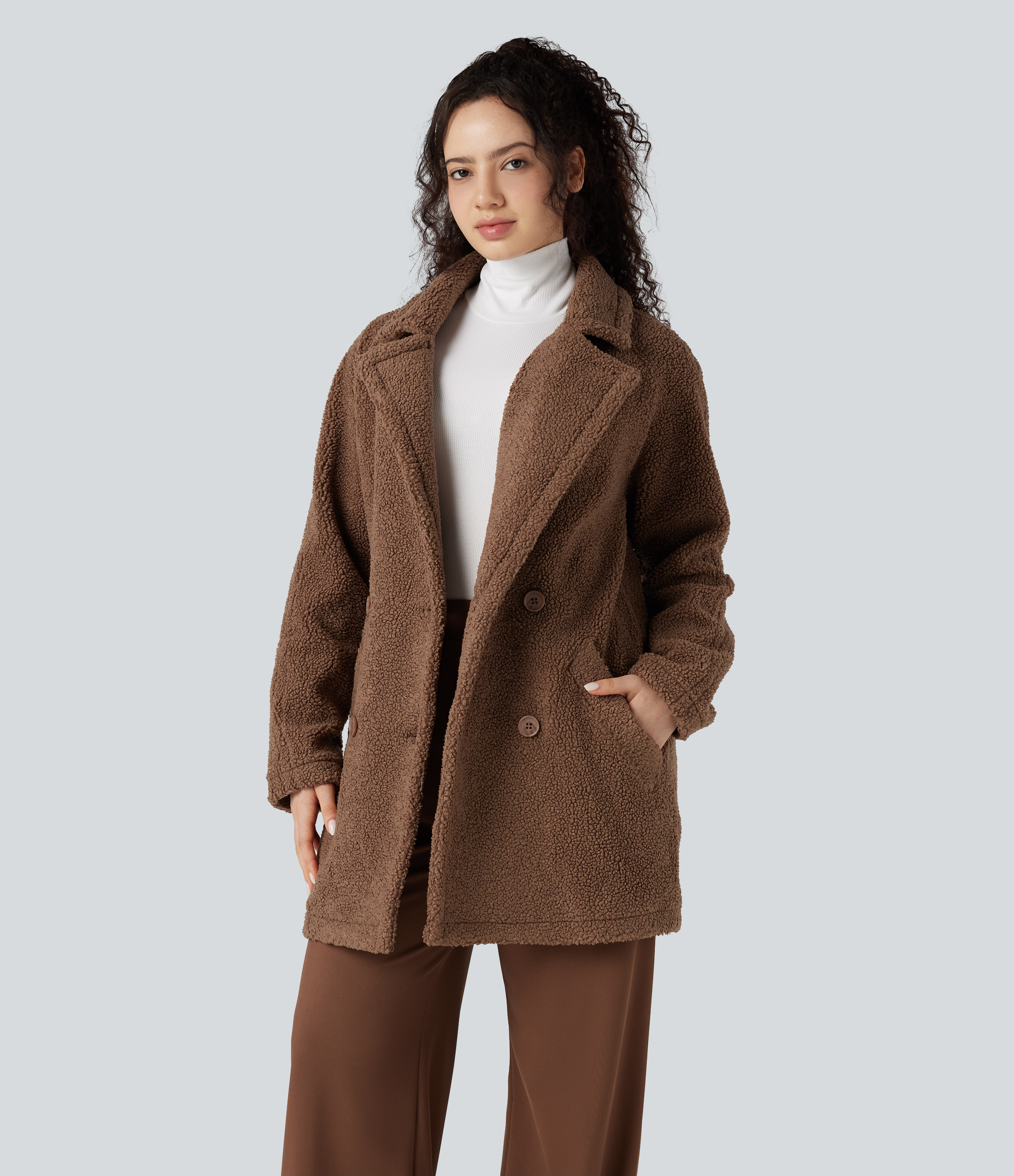 Lapel Relaxed Casual Sherpa Coat with Pockets