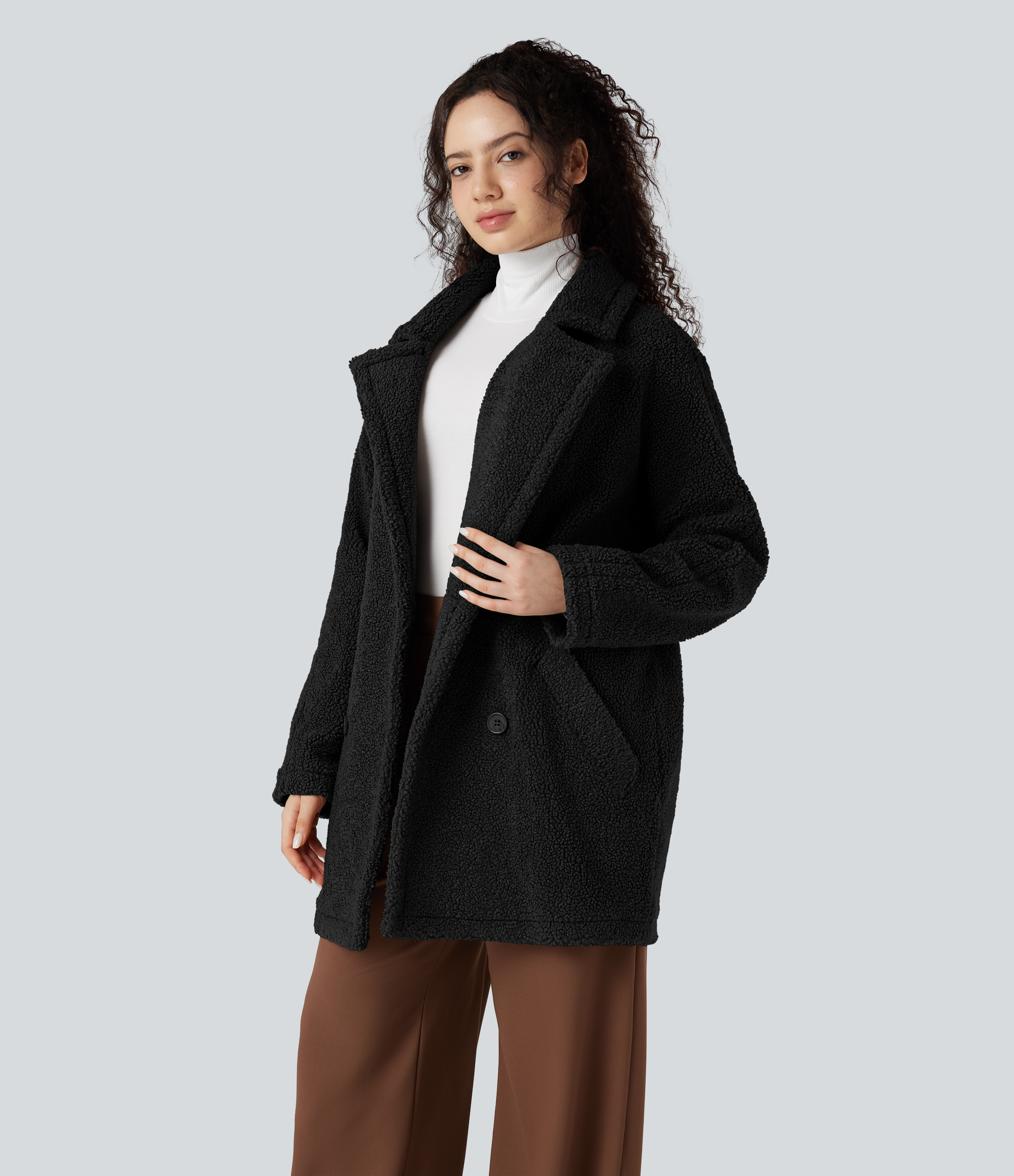 Lapel Relaxed Casual Sherpa Coat with Pockets