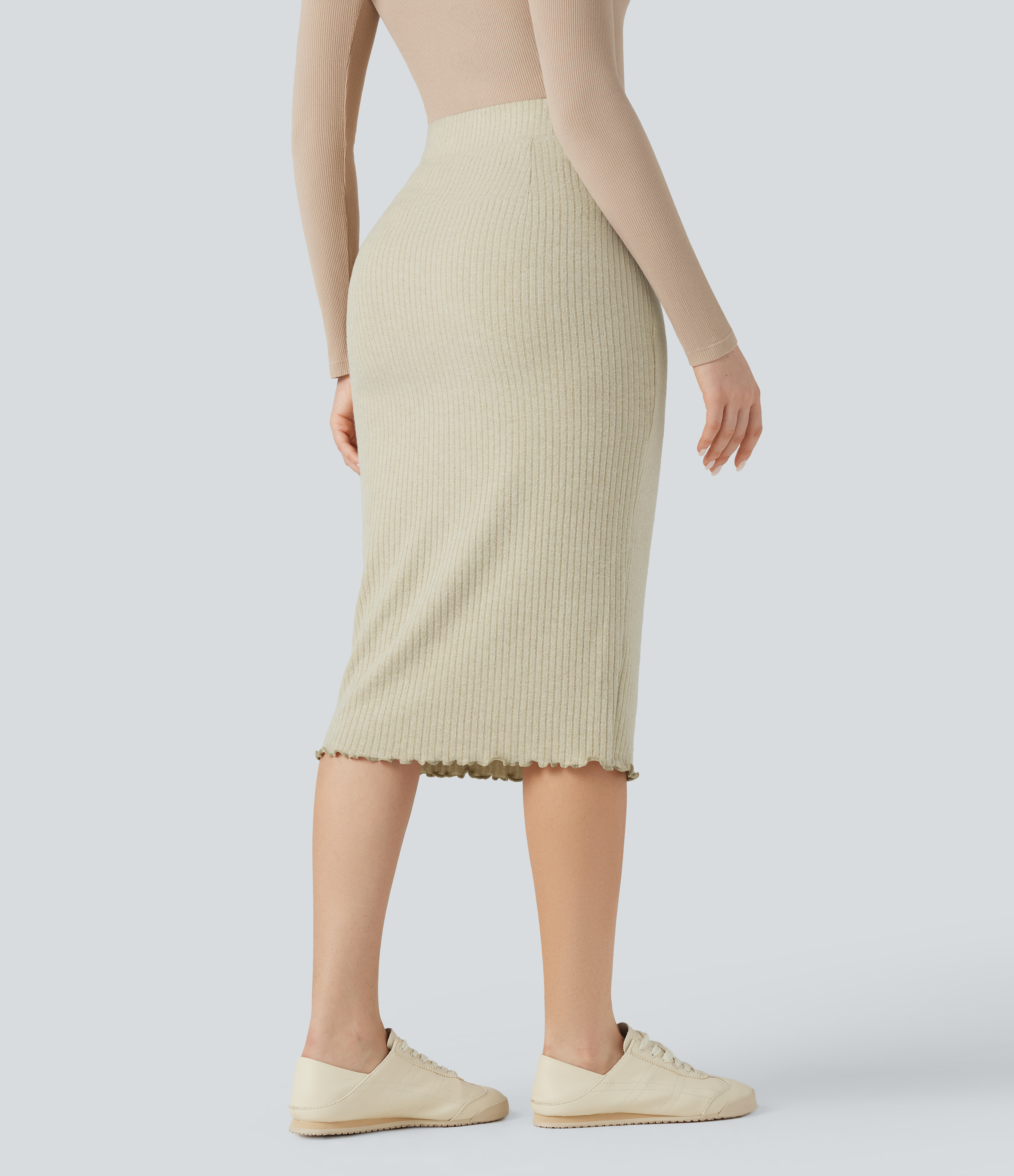 Fog Rippstrick-Bodycon-Midirock mit hohem Bund und gewelltem Saum, lässig / 2