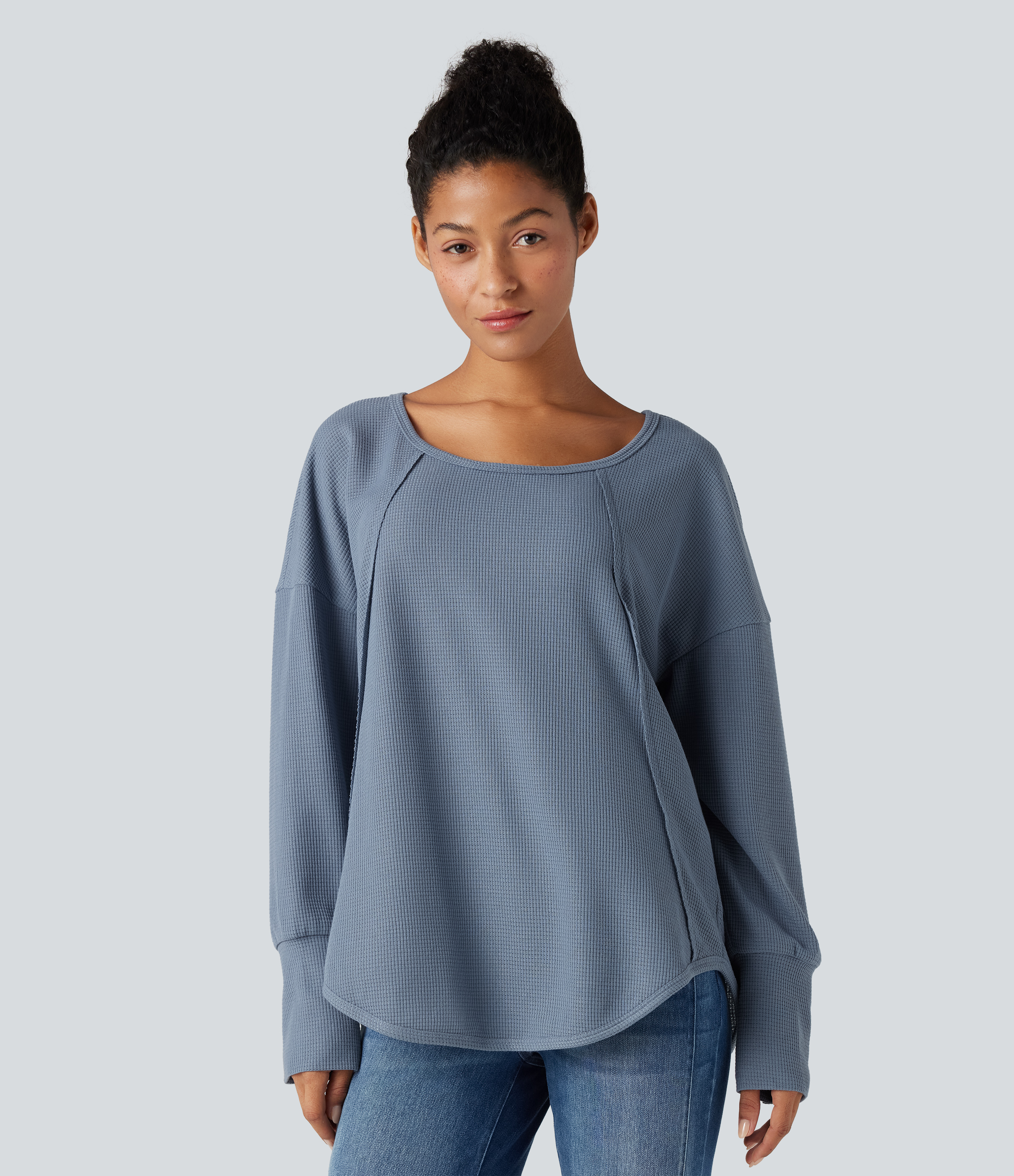 Snowflake Blue Scoop Neck Long Sleeve Curved Hem Relaxed Waffle Casual Top / 2