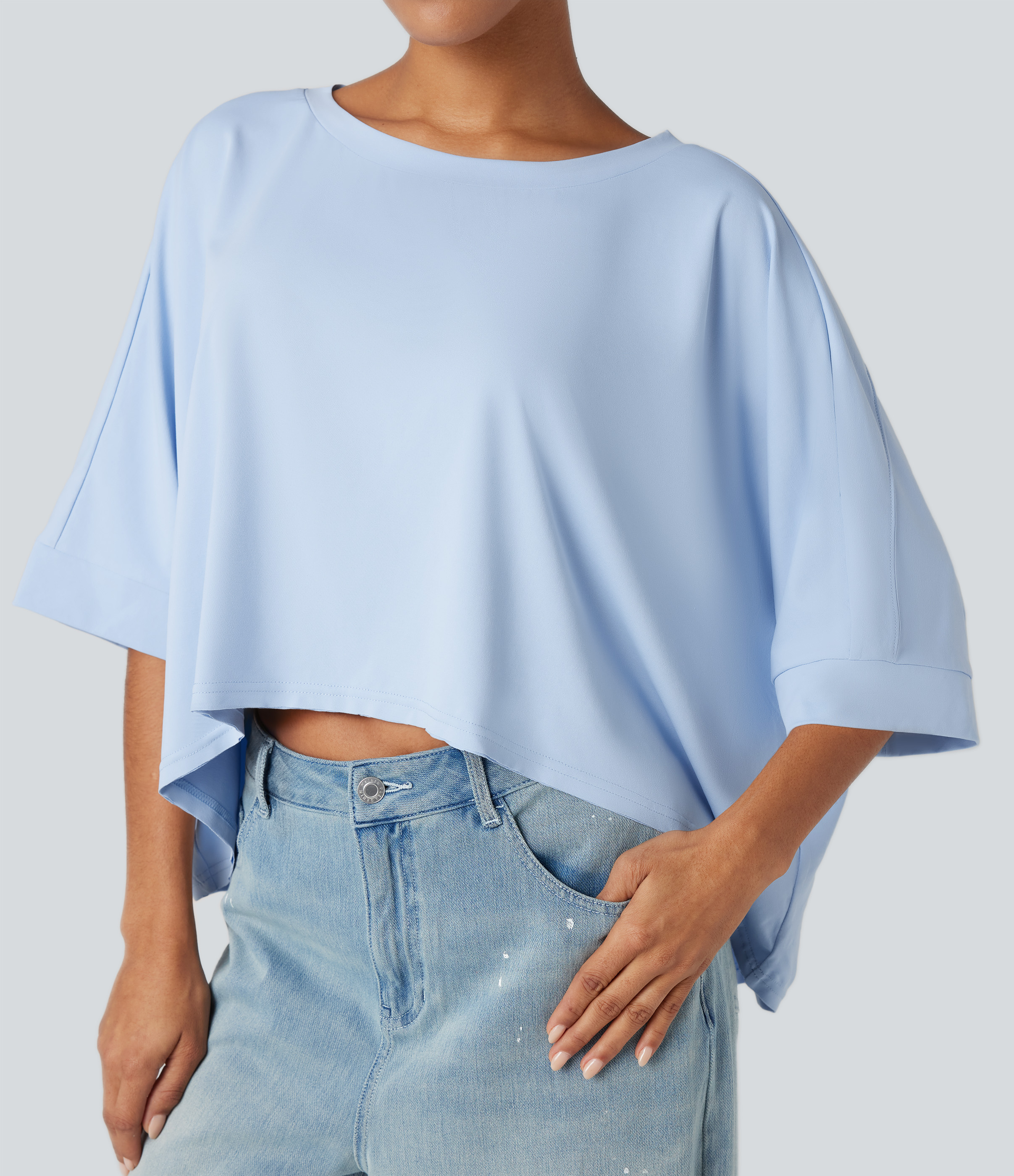 Floaty Blue Rundhalsausschnitt, Fledermausärmel, High-Low-Saum, locker-lässiges Casual-T-Shirt / 1