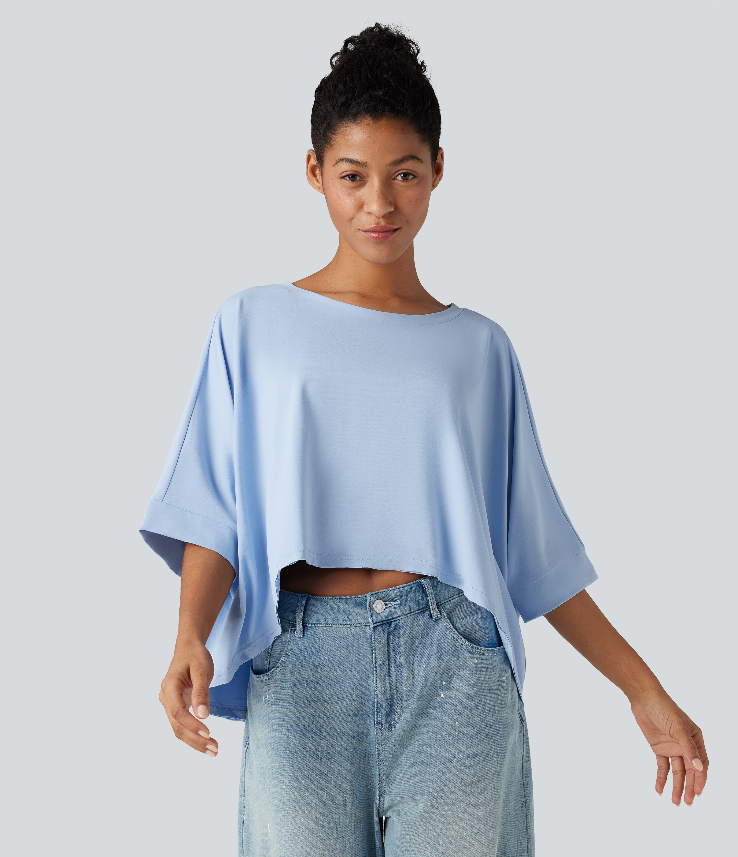 Floaty Blue Rundhalsausschnitt, Fledermausärmel, High-Low-Saum, locker-lässiges Casual-T-Shirt / 2