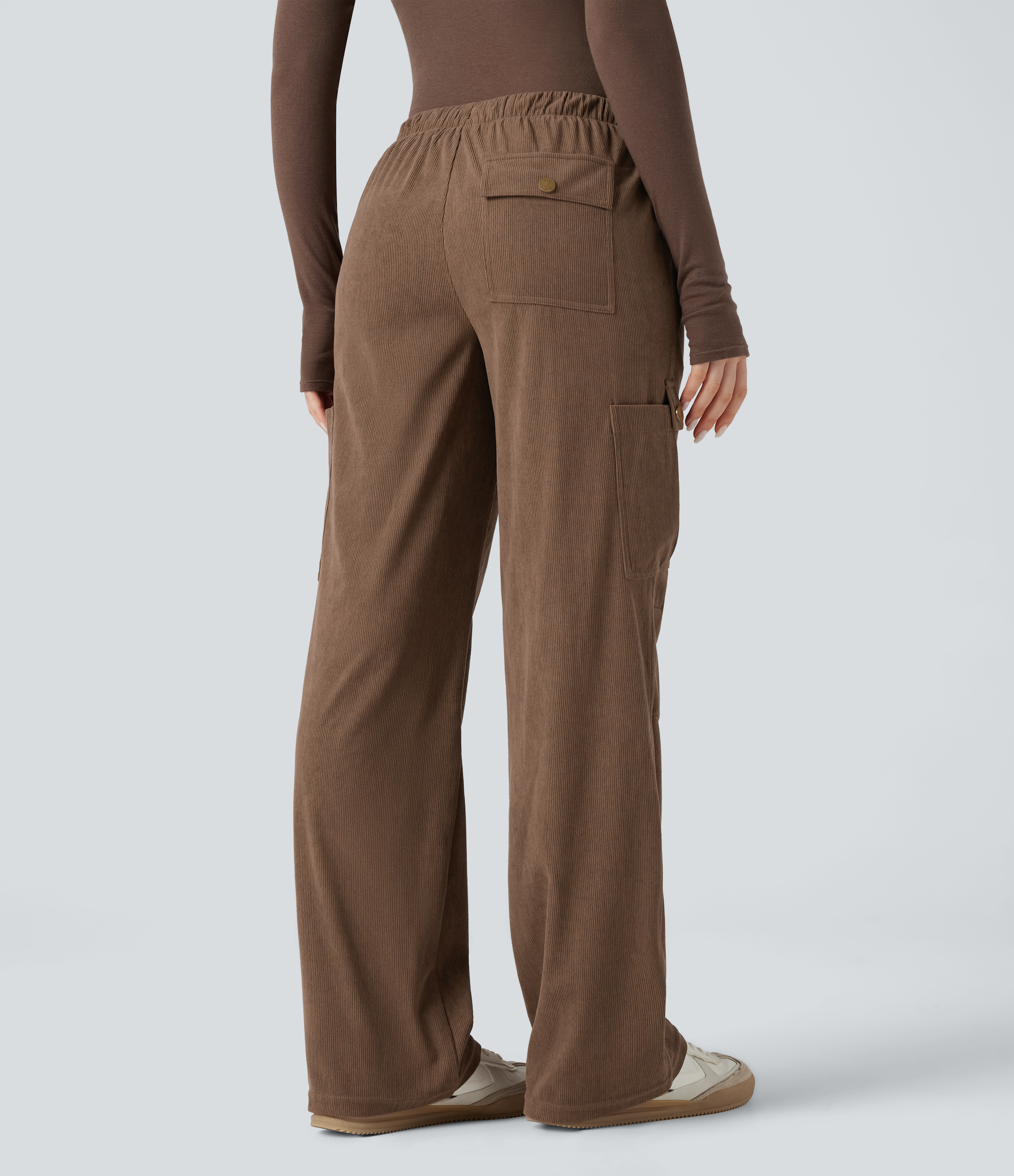 Camellia Brown Mid Rise Drawstring Corduroy Casual Straight Leg Cargo Trousers with Pockets / 2