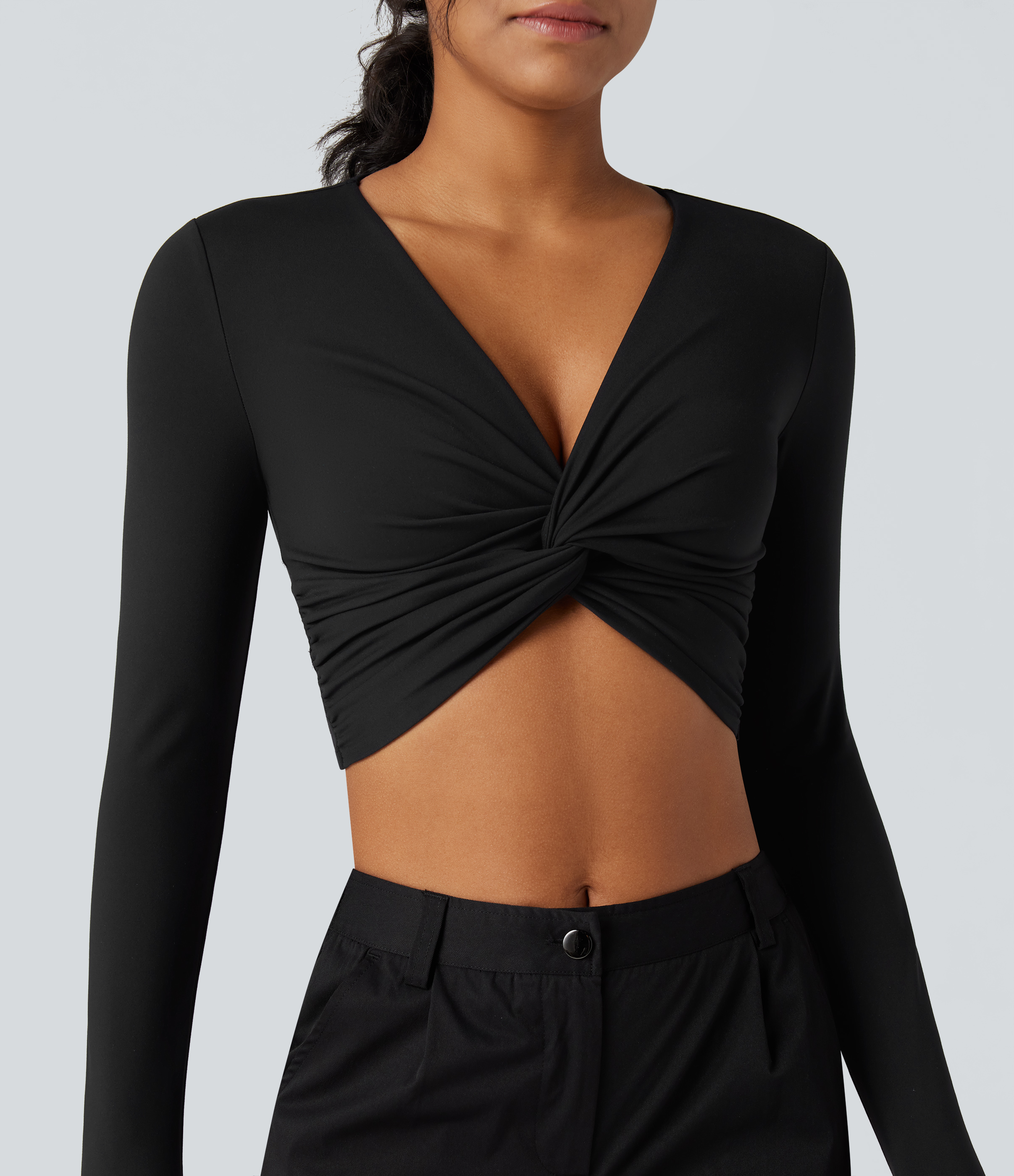 Black SoftlyZero™ Plush Deep V-neck Long Sleeve Twisted Cropped Yoga Sports Top / 1