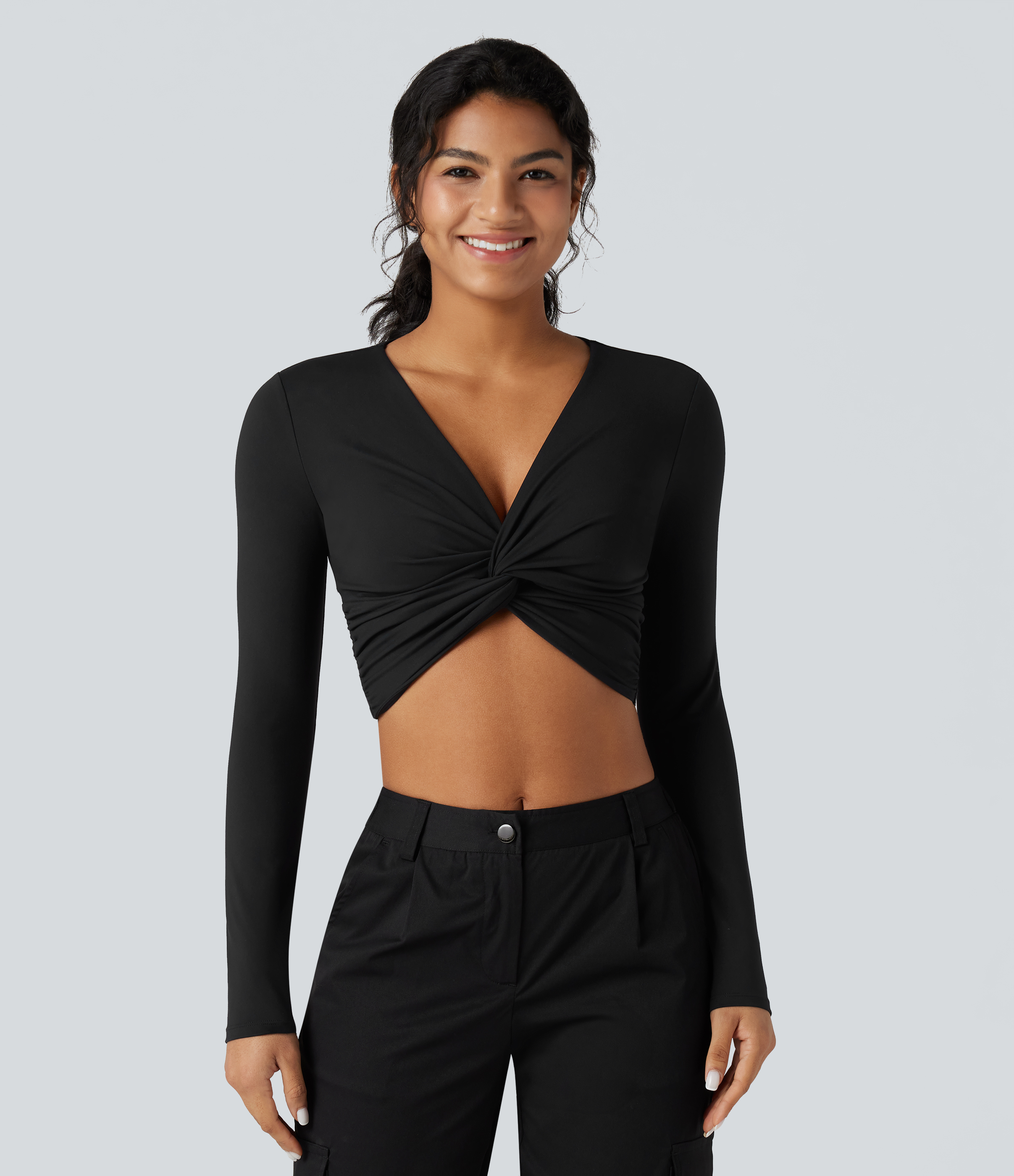 Black SoftlyZero™ Plush Deep V-neck Long Sleeve Twisted Cropped Yoga Sports Top / 2