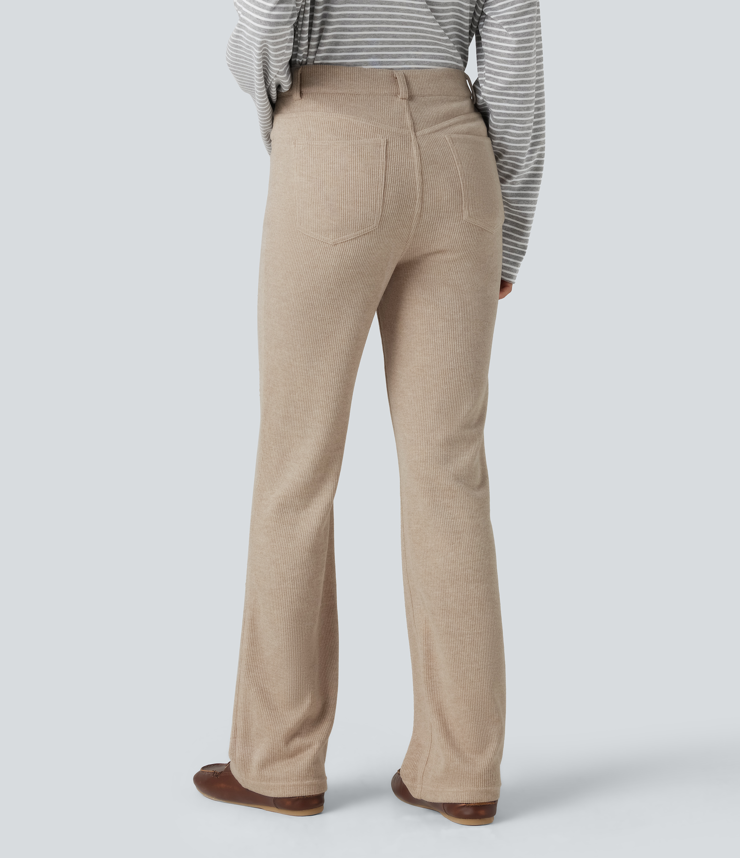Oatstone Beige Ribbed High Waisted Casual Bootcut Pants with Pockets / 2
