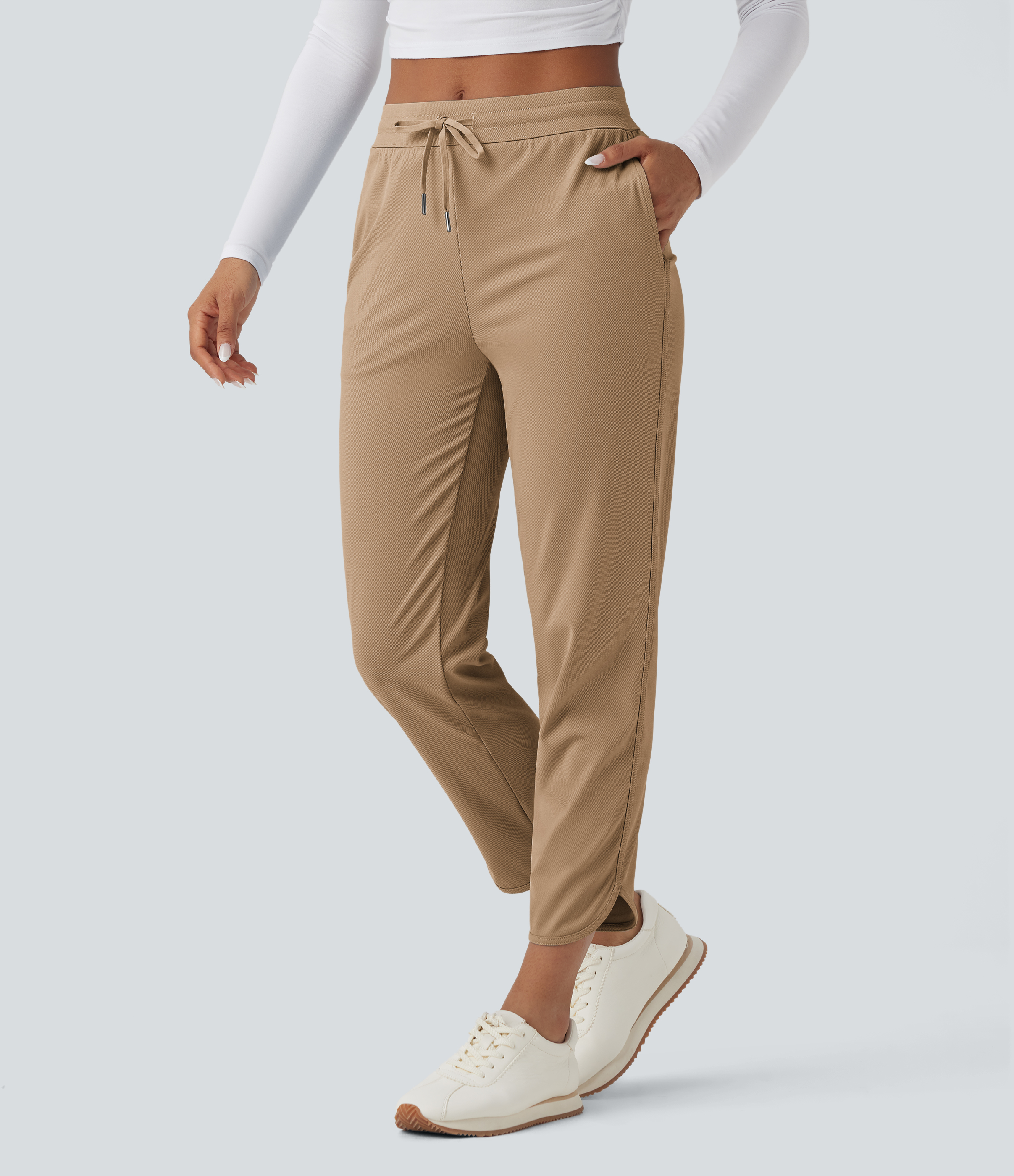 Mid Rise Drawstring Curved Hem Quick Dry Golf Tapered Pants with Pockets-UPF40+