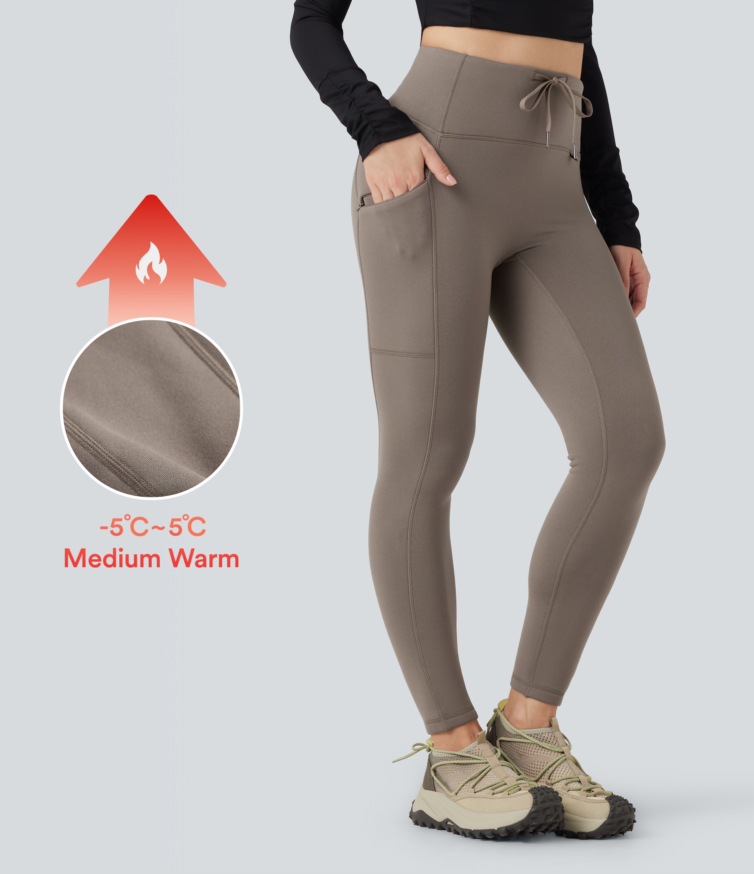7/8-Wanderleggings aus Fleece mit hohem Bund, Reißverschlusstasche und Kordelzug