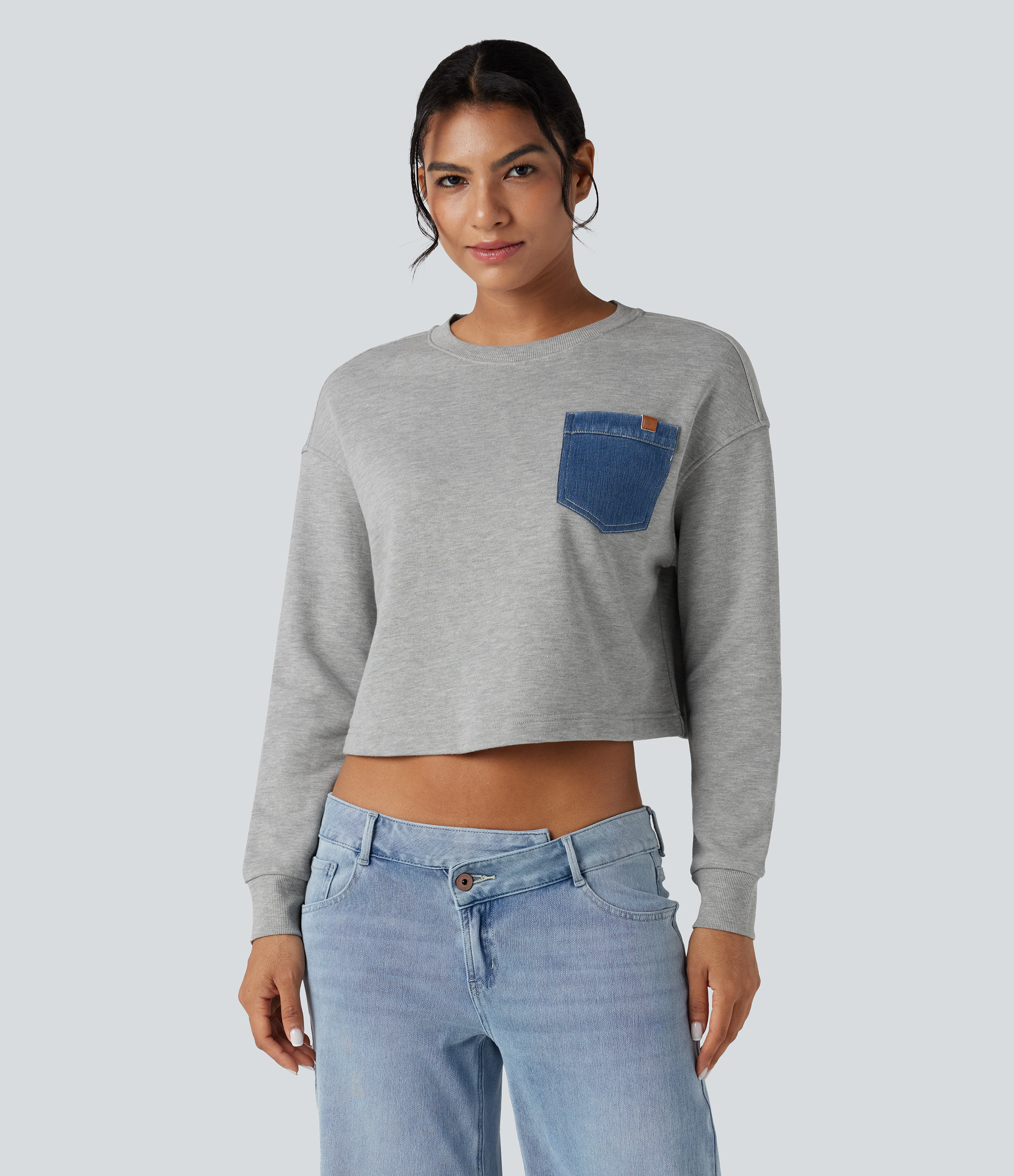 Round Neck Long Sleeve Casual Cotton Sweatshirt with Pocket