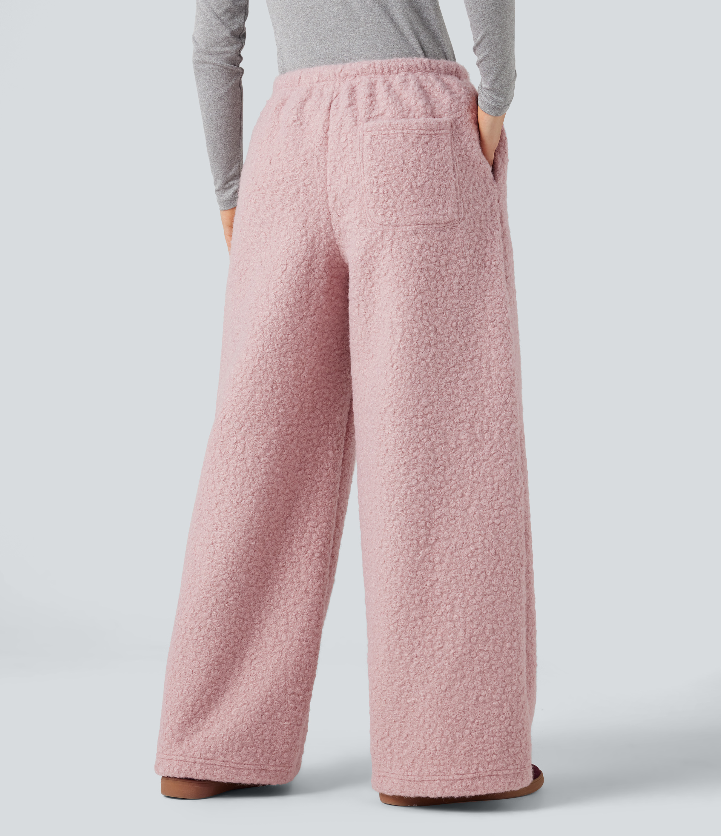Mid Rise Drawstring Teddy Casual Wide Leg Pants with Pockets