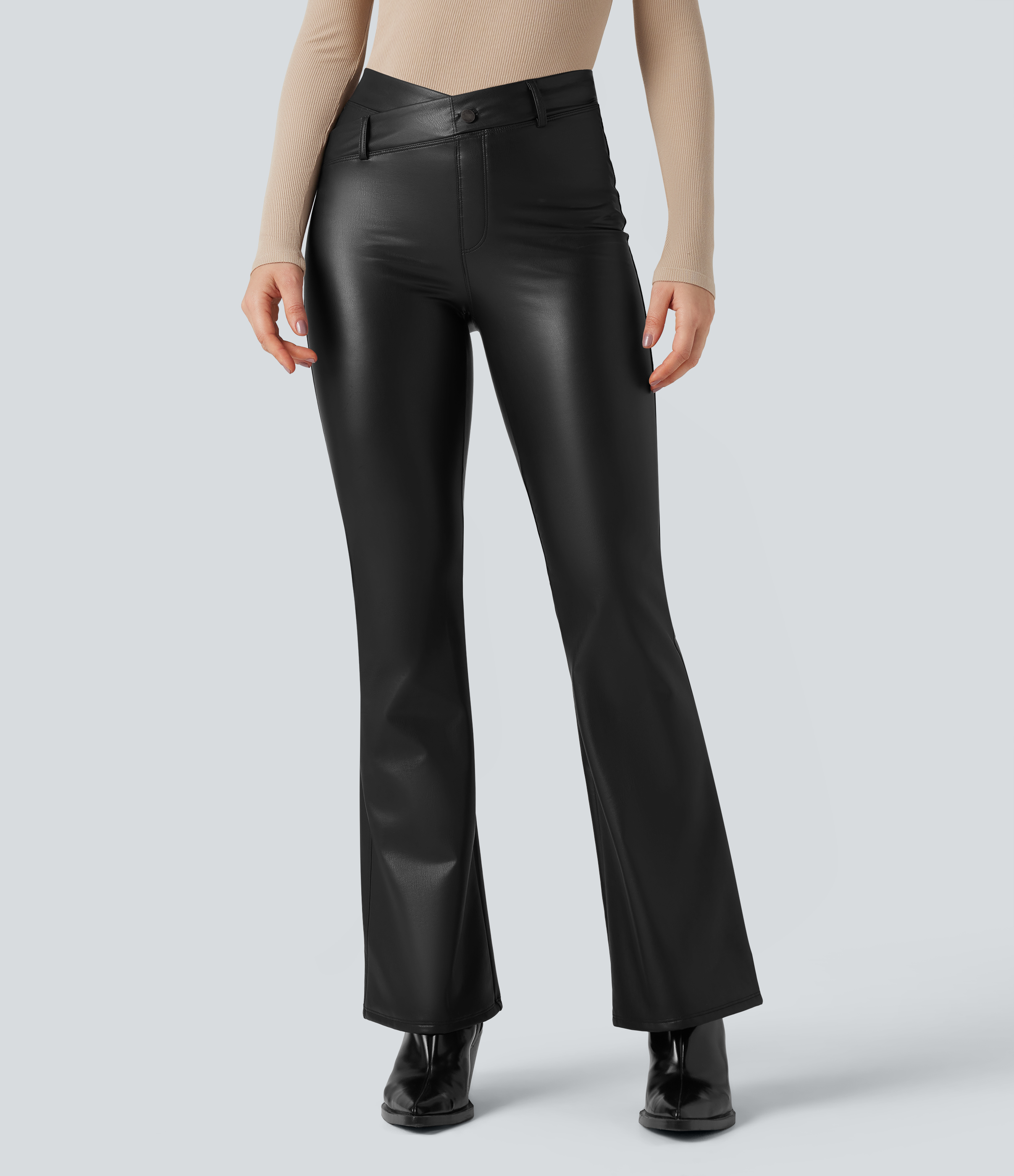 Asymmetric High Waisted Tummy Control Stretchy PU Fleece Casual Flare Pants with Pockets