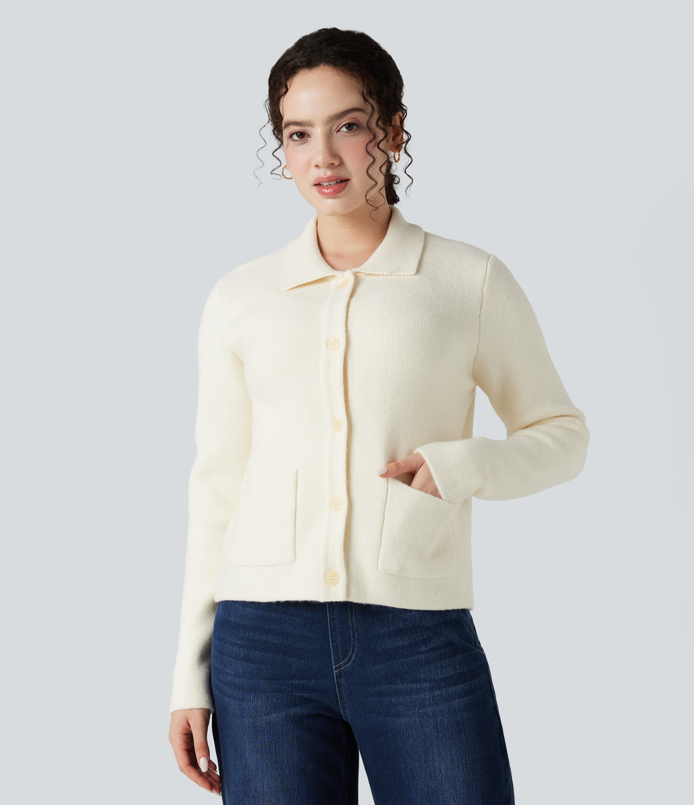 Arbeits-Cardigan mit Polo-Kragen und Seitentaschen