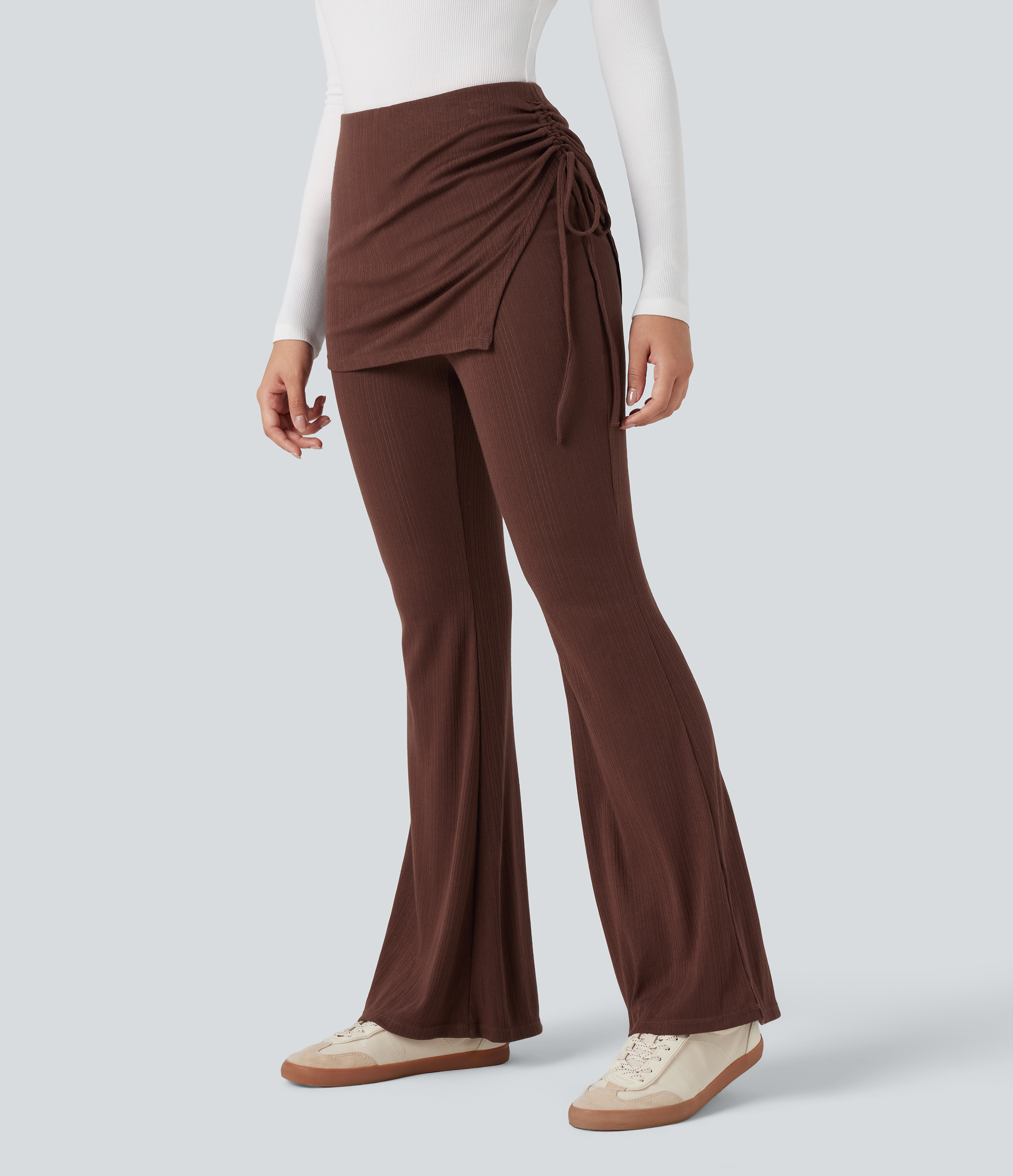 Ribbed Knit Mid Rise Ruched Drawstring 2-in-1 Casual Flare Pants