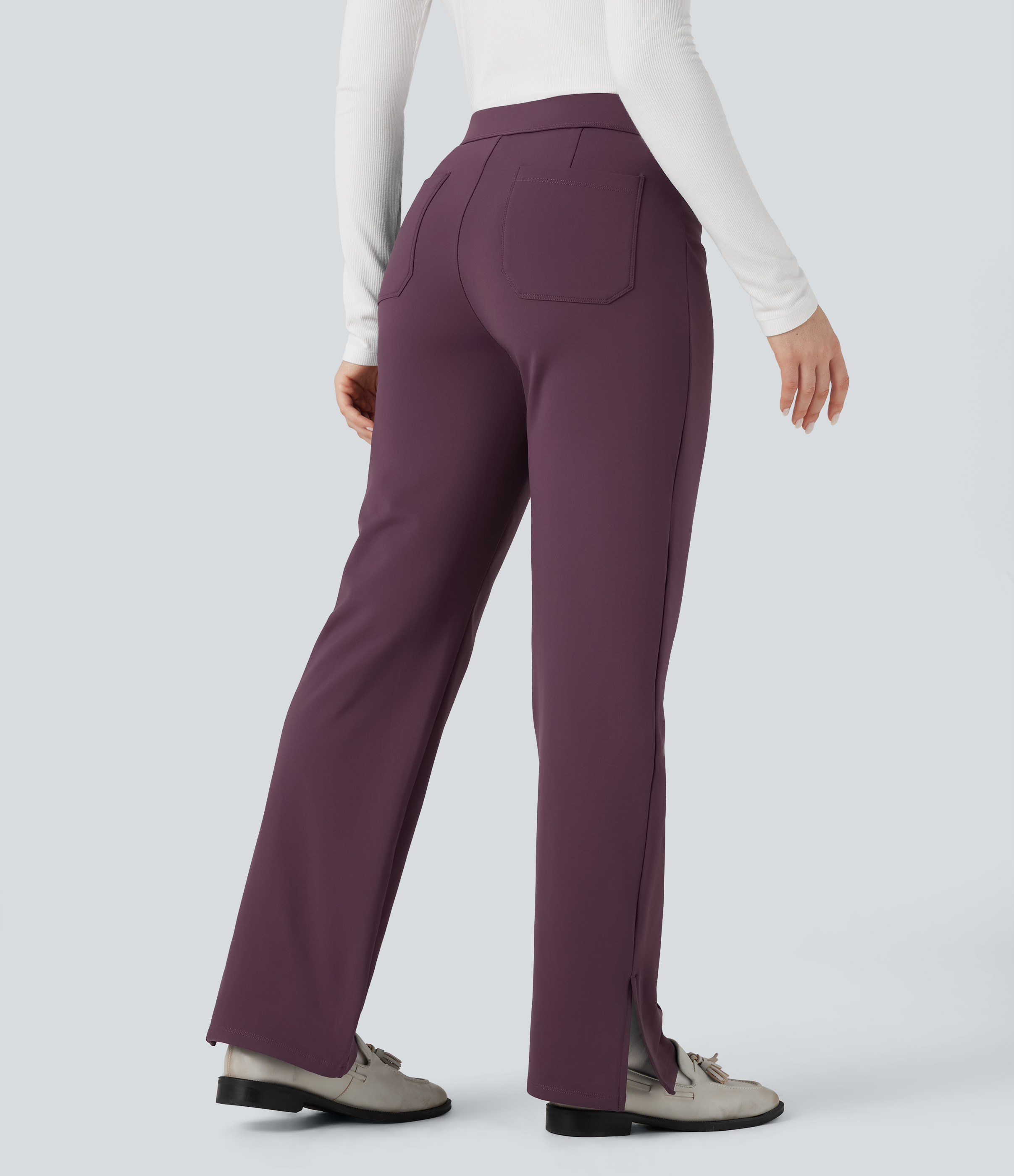 Prune Purple SoftlyZero™ pehme plüüšiga termilised tööpüksid, keskmise vöökohaga, lõhestatud äärega, sirge säärega ja taskutega / 2