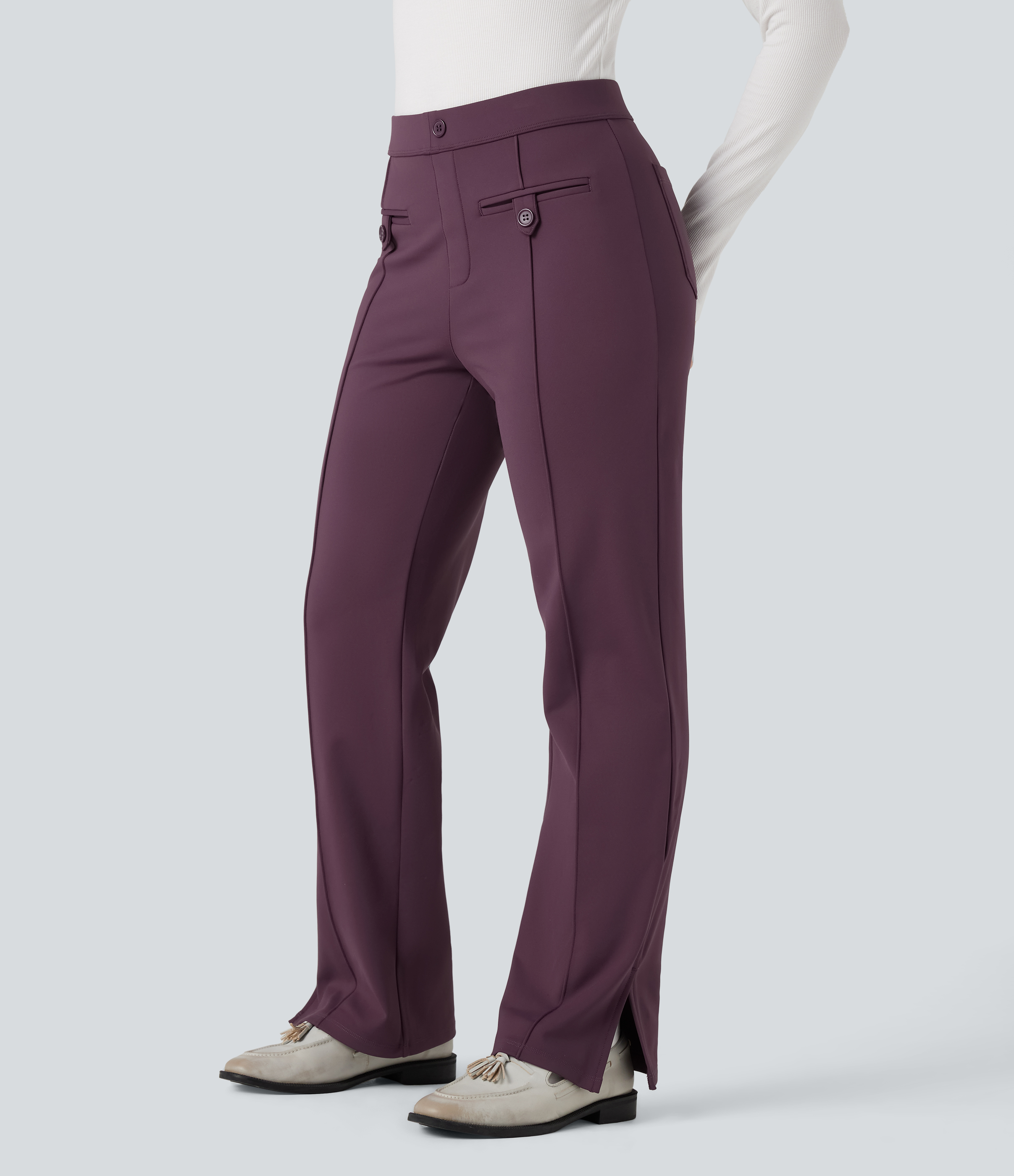 SoftlyZero™ Plush Thermal Mid Rise Split Hem Straight Leg Work Pants with Pockets